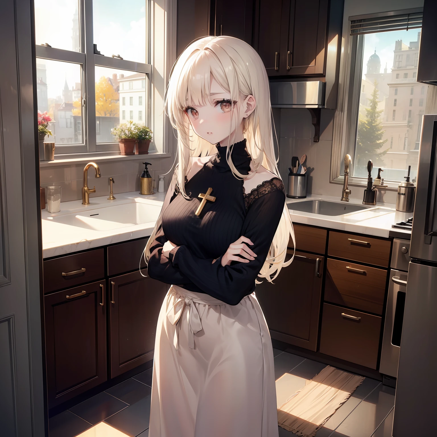 Girl, sad, standing, pale skin, brown eyes, eyebrow, nose, ear, mouth, lips, neck, shoulders, arms, Women's Sweater Microfiber and Lace Transparent Cross Strap, big chest, background scenery, in the kitchen, window, refrigerator, sink, table, floor, chairs, stove, looking at viewer