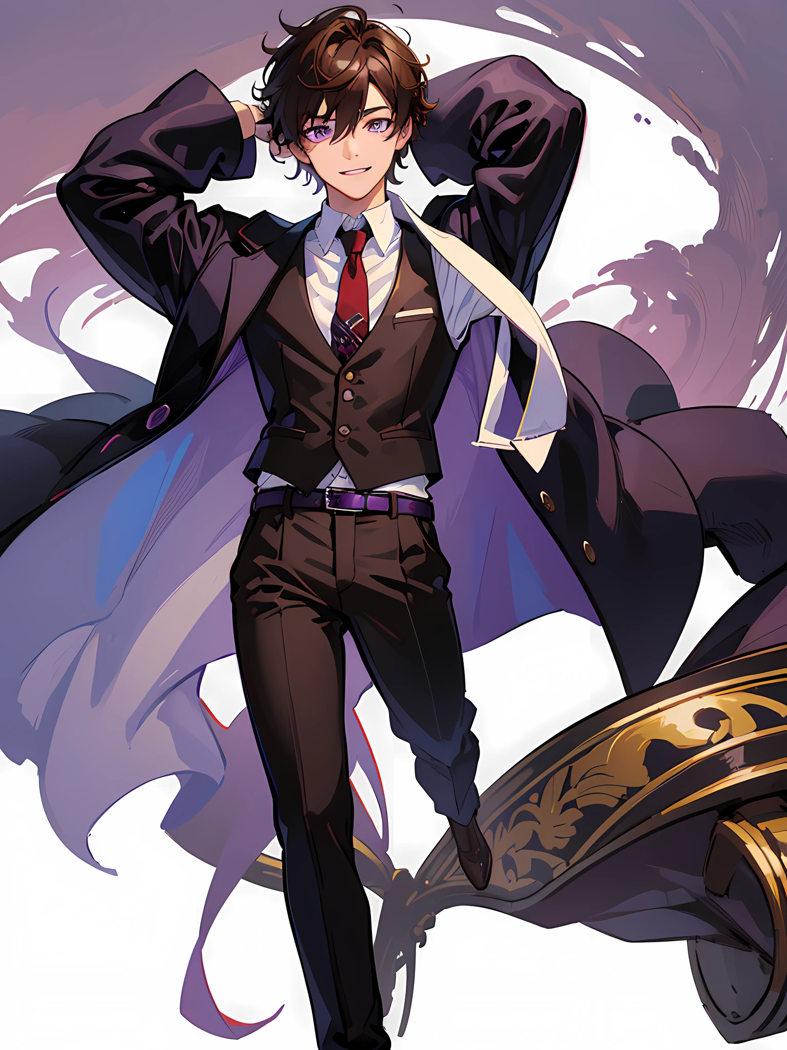 virtual_youtuber, 1boy, male_focus, solo, brown_hair, necktie, purple_eyes, white_background, brown_footwear, full_body, straight-on, looking_at_viewer, pants, smile, white collared shirt, hair_between_eyes, (VERY DETAILED EYES:1.5)