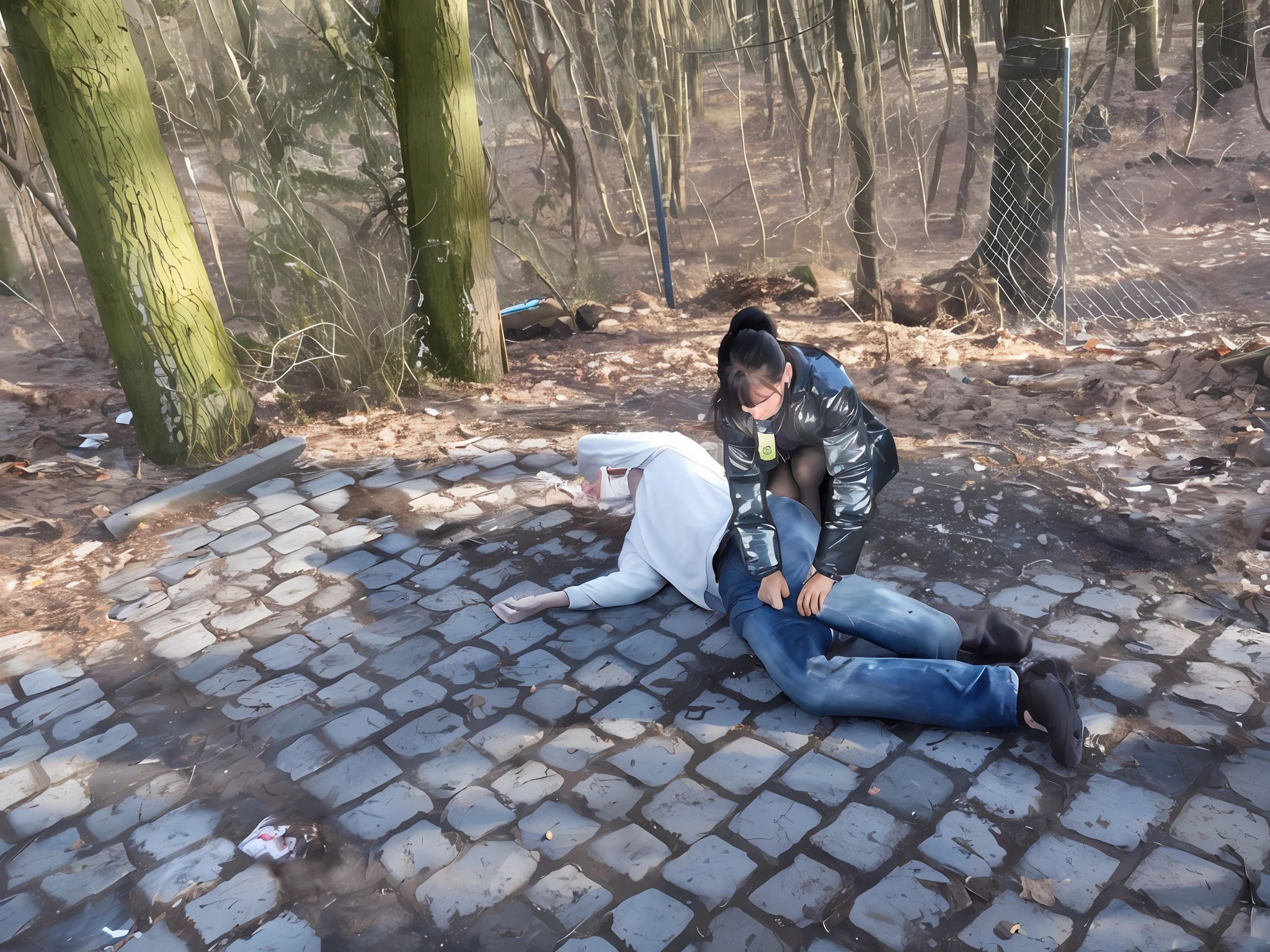 a longhaired girl in a high shine laquered coat is kneeling on the ground close to a lying male victim of an accident, a longhaired girl in a high shine laquered down coat and wetlook leather leggings, a longhaired girl in a high shine laquered coat is giving treatment to a wounded man in jeans and a woolen pullover, accident scene, accident, first aid, help to a wounded man, first aid for an injured man in matte cotton clothing, there is an injured man in jeans and pullover lying in pain on the ground, a longhaired girl in a high shine laquered coat is giving a massage to an injured man who is lying in pain on the ground, a longhaired girl in a high shine laquered coat is wearing very shiny waterproof clothes, dramatic action scene, hyperrealistic, photorealistic, photo, ultra realistic, theatralic pity pose, celebrating first aid, a longhaired girl in a high shine laquered coat is looking very concerned and sad, a longhaired girl in a high shine laquered coat has tears in their eyes when she looks after an injured man who is lying on the ground in jeans and pullover