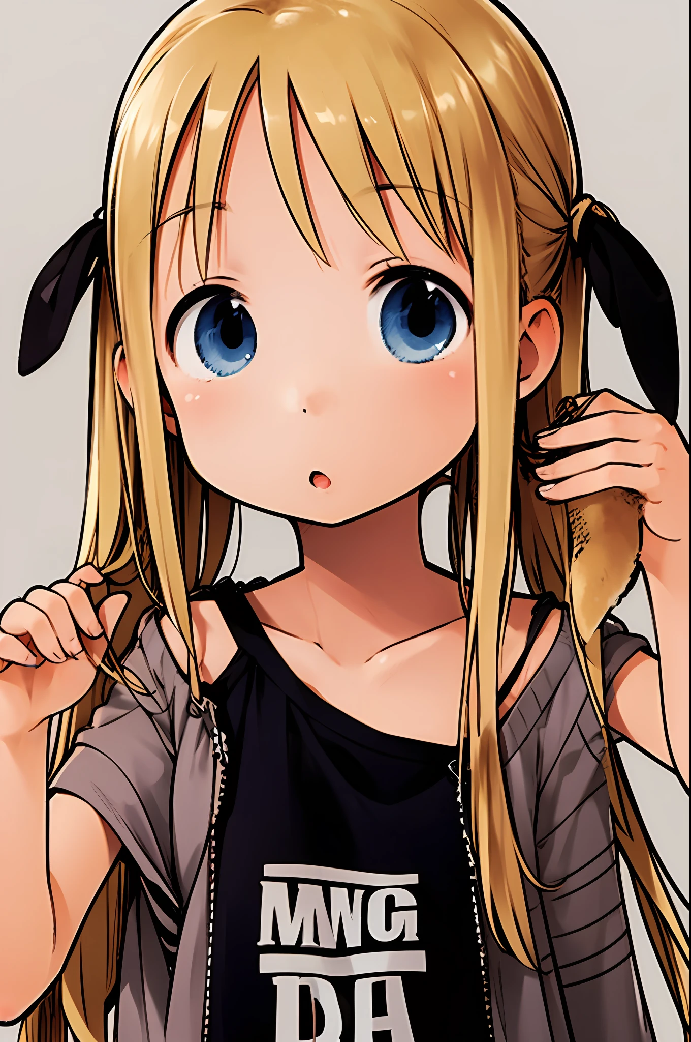 Ichigo Mashimaro,1girl, dog, blue eyes, blonde hair, long hair, white background, solo, simple background, looking at viewer, :o, animal, collarbone, open mouth, copyright name,