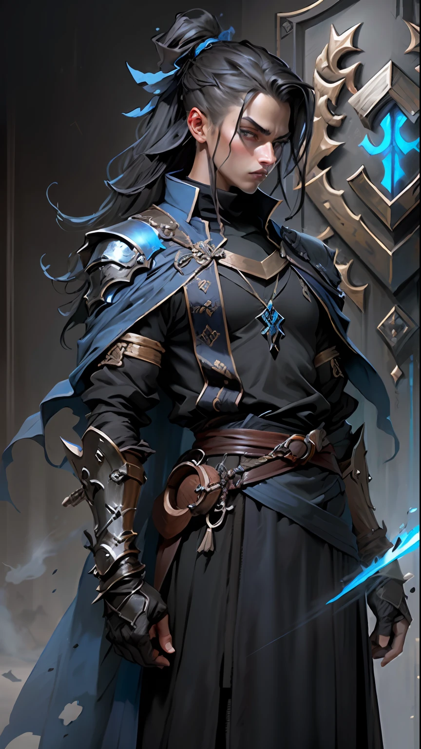 beau, grand, yeux bleus, Robes noires, Longswords, Mysterious Runes, pommettes imposantes, heroic aura, the best quality, Ultra-detail,