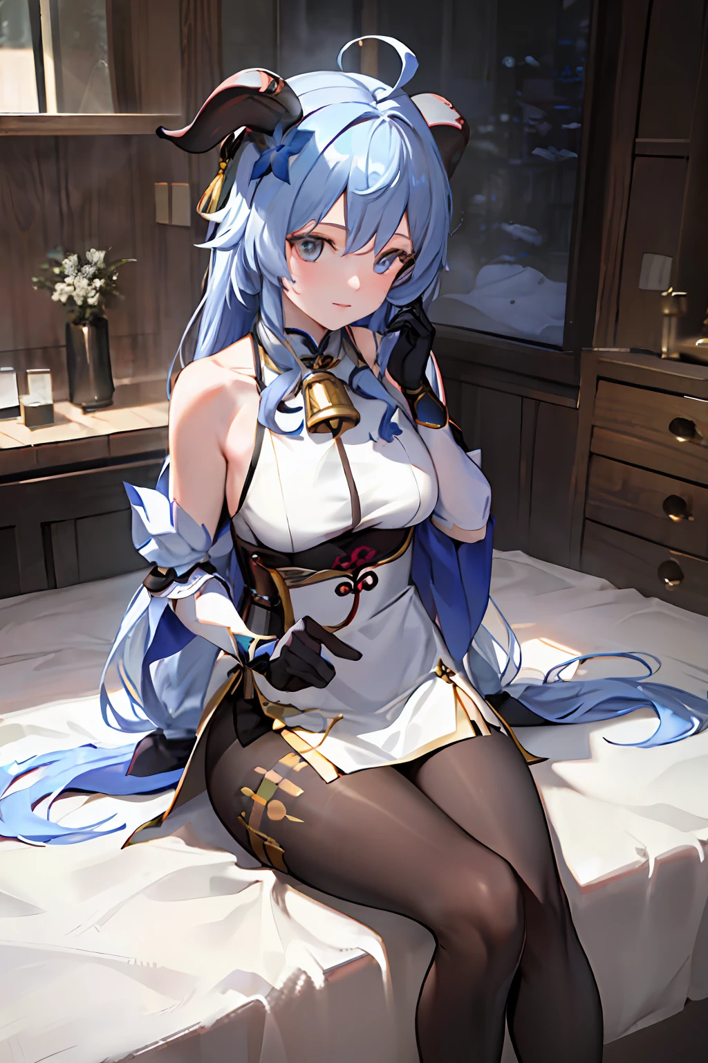 (photorealistic:1.4), (masterpiece, sidelighting, finely detailed beautiful eyes: 1.2), masterpiece*portrait, realistic, 3d face,
ganyu \(genshin impact\), 1girl, ahoge, architecture, bangs, bare shoulders, bell, black gloves, black pantyhose, (blue hair), blush, breasts, chinese knot, detached sleeves, flower knot, gloves, horns, long hair, looking at viewer, medium breasts, neck bell