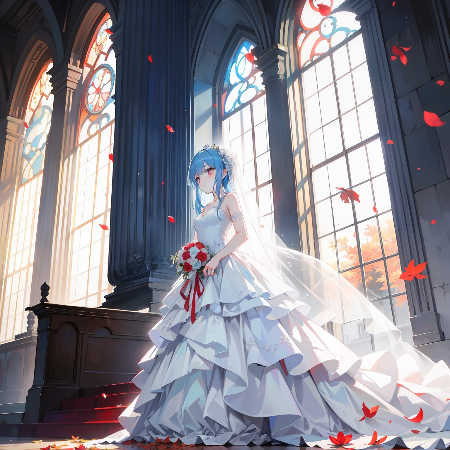 artistic photograph, Real light and shadow on a sunny day,autumnal,church,((Wedding Dress)),1 beautiful girl，The upper part of the body,Lateral face，(((Long light blue hair))),Red eyes,(long hair),（Red petal），