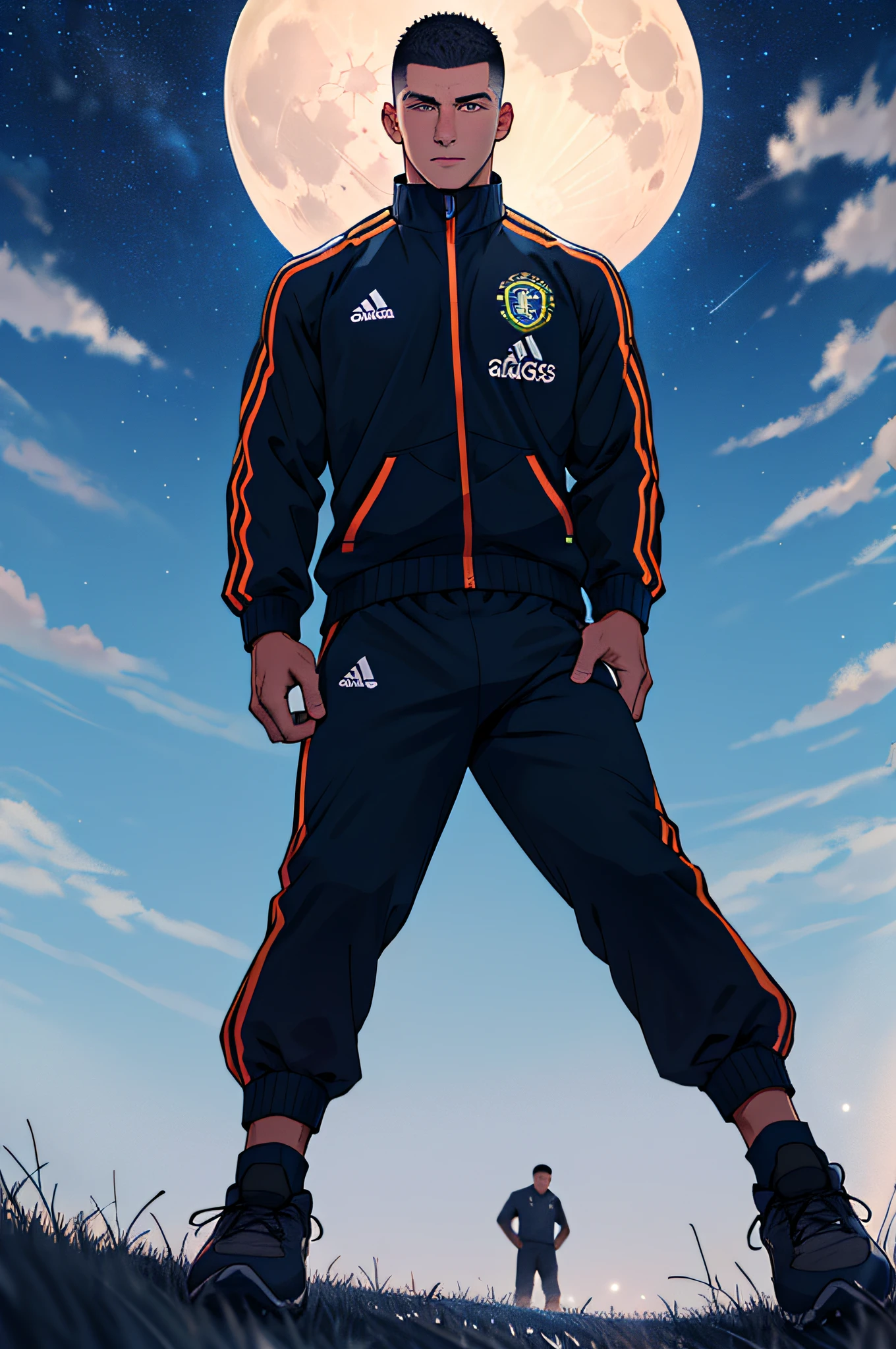 Draw a full-fledged footballer,Standing on the steppe at night,He was wearing a tracksuit,The man looks confident and determined,looking-down,Crew cut,full bodyesbian,Stars dot the sky,shooting from below,Big moon highlights background