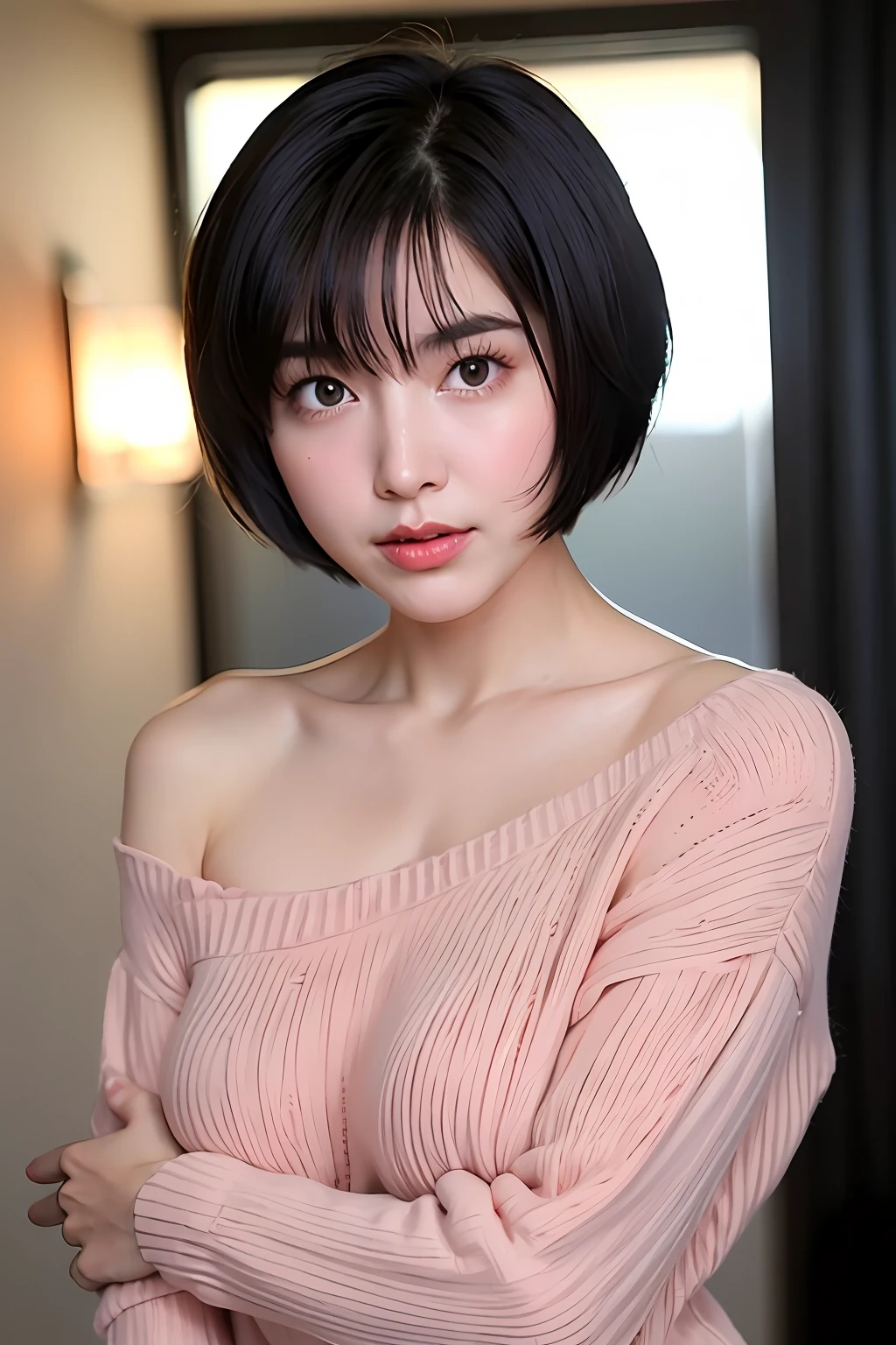 red blush、Colossal tits、、short-hair、Drawing、Wearing a sweater、full bodyesbian、all-fours
