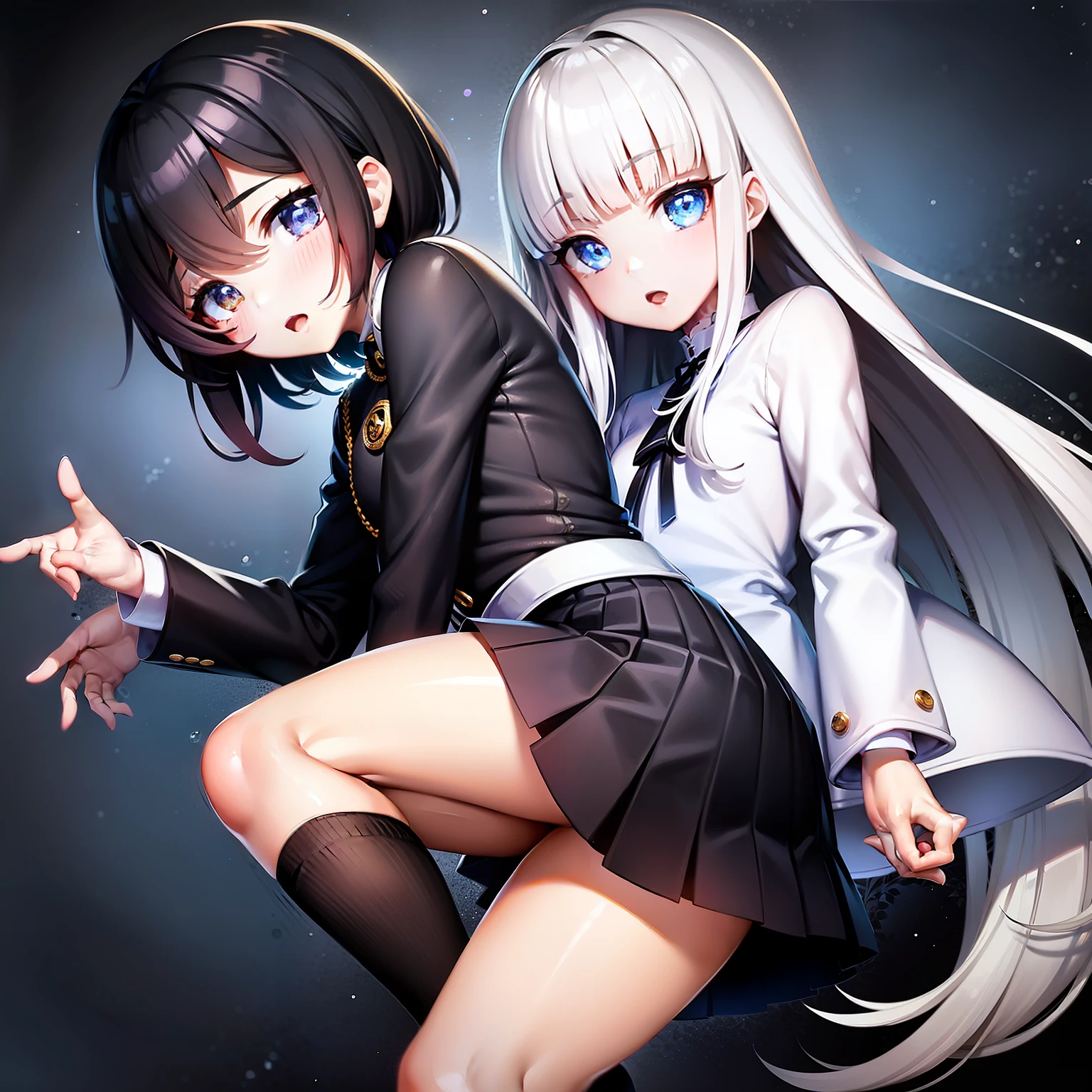 tmasterpiece、A cute boy、whaite hair、white skinned、Ｔrelieve、Dark blue pleated skirt、Black knee-length socks、white thighhig