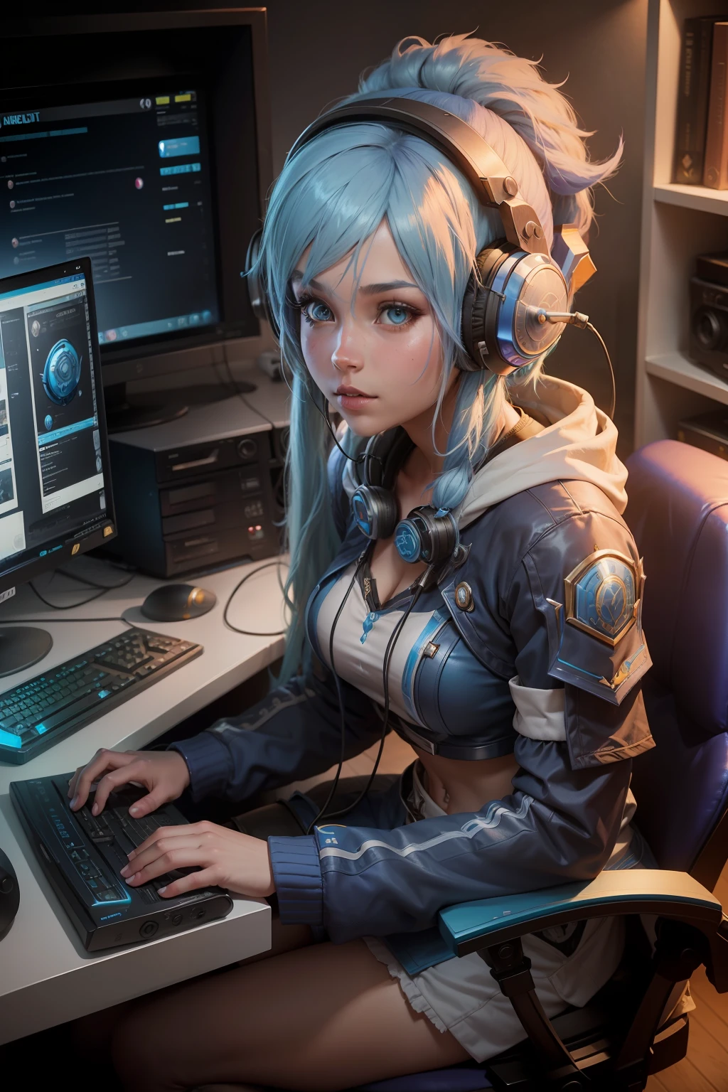5 foot blue haired cute girl playing computer video games (world of warcraft), detailed, headphones on head, 4k, award winner