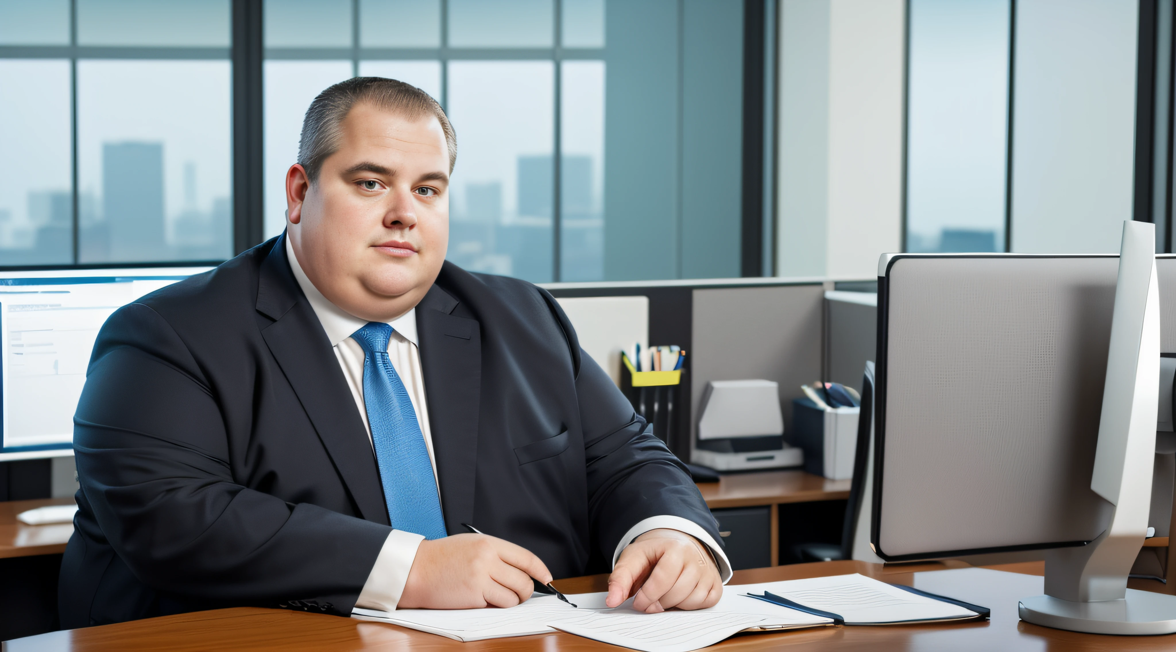 «»An obese man in his 50s sitting at his desk in a busy office environment. He's wearing formal office attire and appears focused on his work, surrounded by paperwork and a computer monitor. The office is well-lit with fluorescent lighting, giving a typical corporate ambiance. The camera captures a close-up shot with a 135mm lens, highlighting the man's facial expressions and details of his clothing. The image resolution should be 4K to ensure high-quality rendering of the office setting and the man's features. The overall mood of the image should convey a sense of professionalism and determination. Influenced by office photography on Shutterstock and the works of corporate portrait photographers. (((Obese Man, Office Setting, Formal Attire, Desk Work, Close-Up View, 135mm Lens, Fluorescent Lighting, 4K Resolution, Professionalism, Shutterstock Office Photography, Corporate Portrait Photographers)))»»
