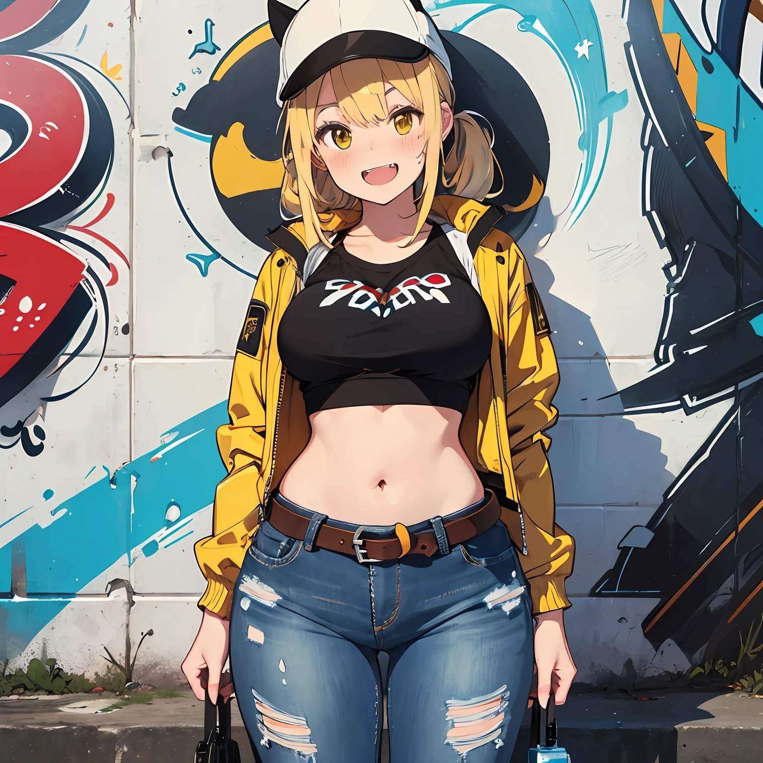 Original Character, Volumetric Lighting, Best Shadows, Shallow Depth of Field, Portrait Of Stunningly Beautiful Girl, Petite, Delicate Beautiful Attractive Face With Alluring Yellow Eyes, Messy Painted Face, Sharp Eyebrows, Broadly Smiling, Open Mouth, Fangs Out, Lovely Medium Breasts, Layered Long Twintail Blond Hair, Blush Eyeshadow, Thick Eyelashes, Applejack Hat, Oversized Pop Jacket, Mini Underboob Tee, Open Navel, Slim Waist, Denim Jeans Pants, With Buckle Belt, In The Graffiti Alley, Waste Container, Outside Stairs, Outdoor Unit, Holding Spray Paint Can, Standing, (Highest Quality, Amazing Details:1.25), (Solo:1.3), Brilliant Colorful Paintings