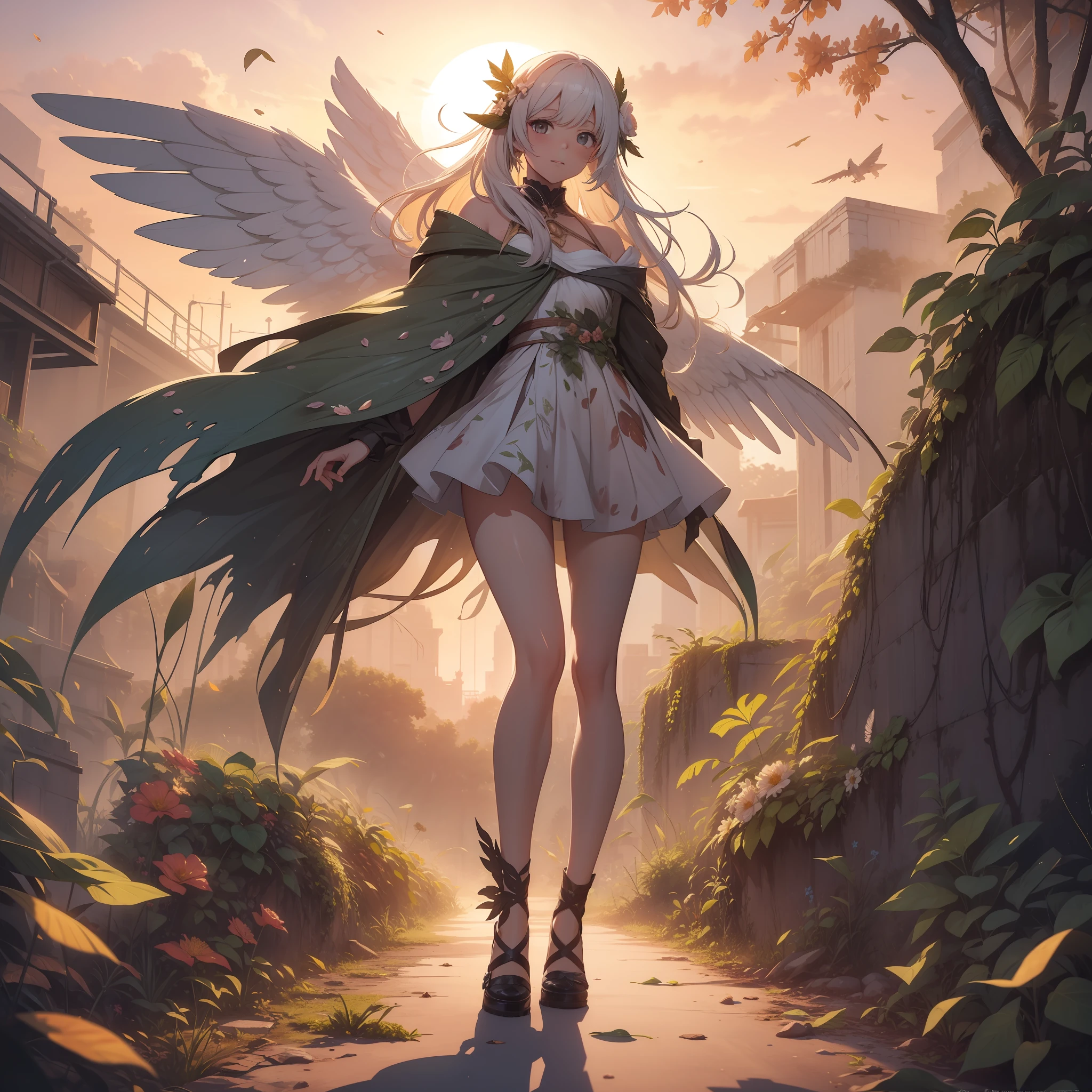 1 Female Angel, Eroded bodies of flowers and plants, Flying in the sky, Shoes made of leaves, full-body view, Splatter Watercolor, Soft sunset settings, in 8K, masutepiece, Best Quality,