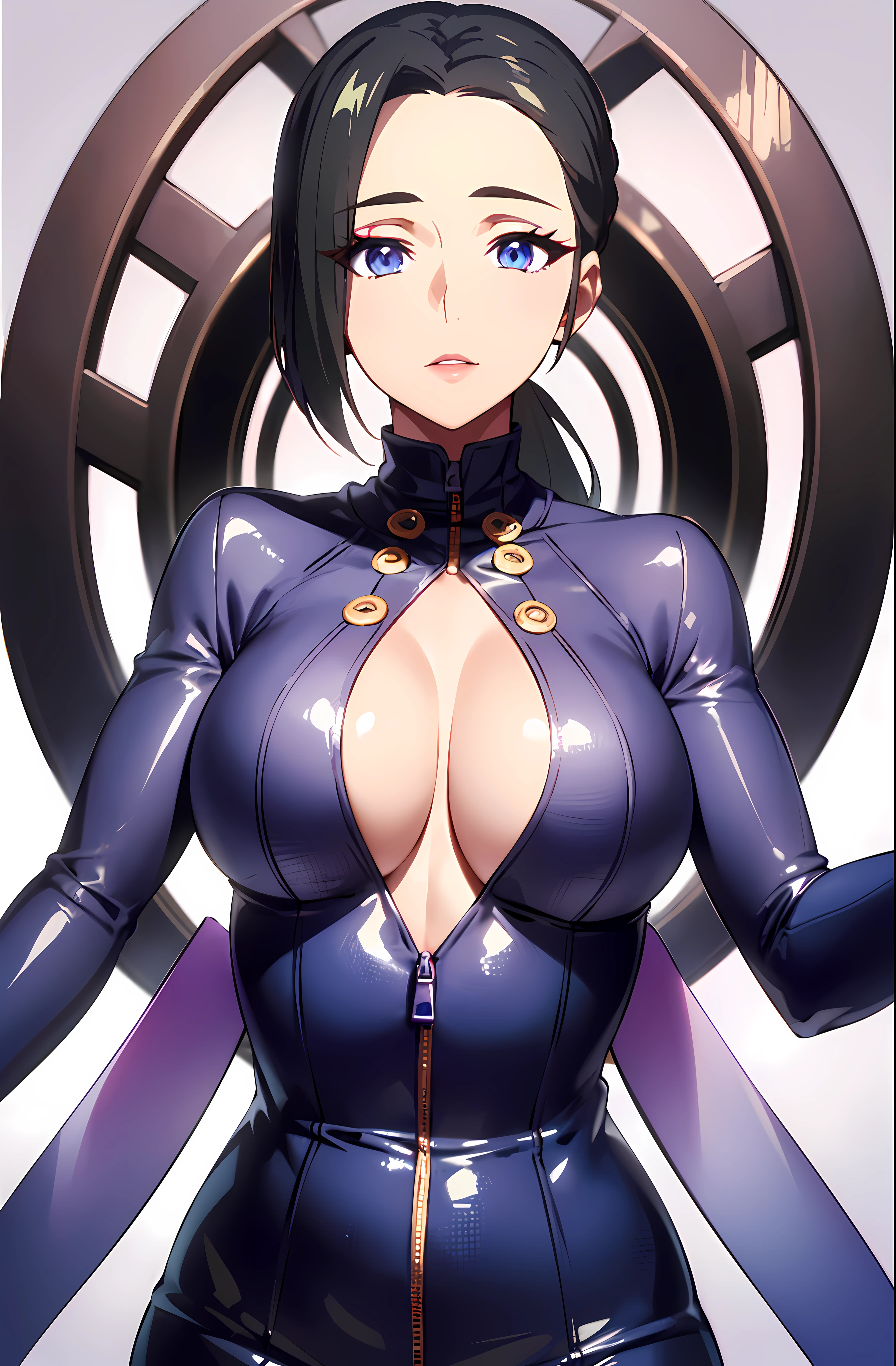 (masterpiece, best quality, 16k, 8k, ultra highres, plain white background, long hair, black hair, blue eyes, ponytail, highres:1.0), haruhiko_ichijou, black jumpsuit, makeup, purple lipstick, purple eyeshadow, beautiful face, hyperdetail face, hyperdetail bodysuit, half zipper open, cleavage, (((large breasts:1.2))), (((solo:1.5))), ((milf, mature female, 35yo)), gorgeous body, (((upper body, half body shot:1.5))), ((hyperdetail eyeshadow, hyperdetail lipstick)), (((looking at the camera, symetrical, sharp focus, intricate detail, elegant, concept art, cinematic))), (direct view:1.4),