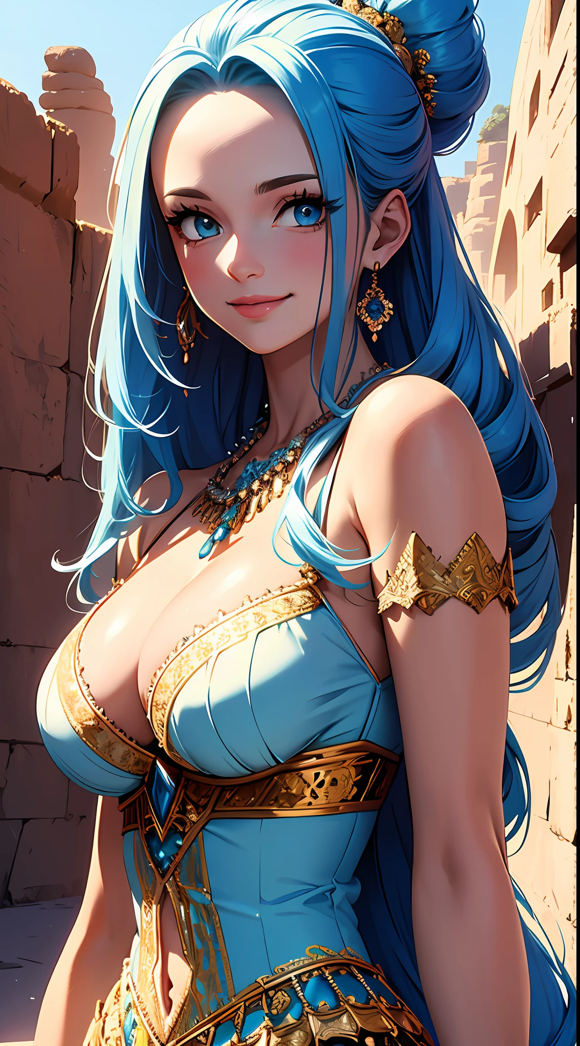 Masterpiece, ((Ultra detailed backgrounds, Delicate pattern, intricately details)), (Highly detailed, Fine details), Best quality, 1girll, Long hair, cleavage，Large breasts，Off-the-shoulder attire，Blue hair, Solo, jewelry, Earrings, pony tails, hair adornments, necklace, sky, Blue eyes, complex detailed background, outside, Sunny, desert town environment,  hair lift, with hands behind her back, Smile,