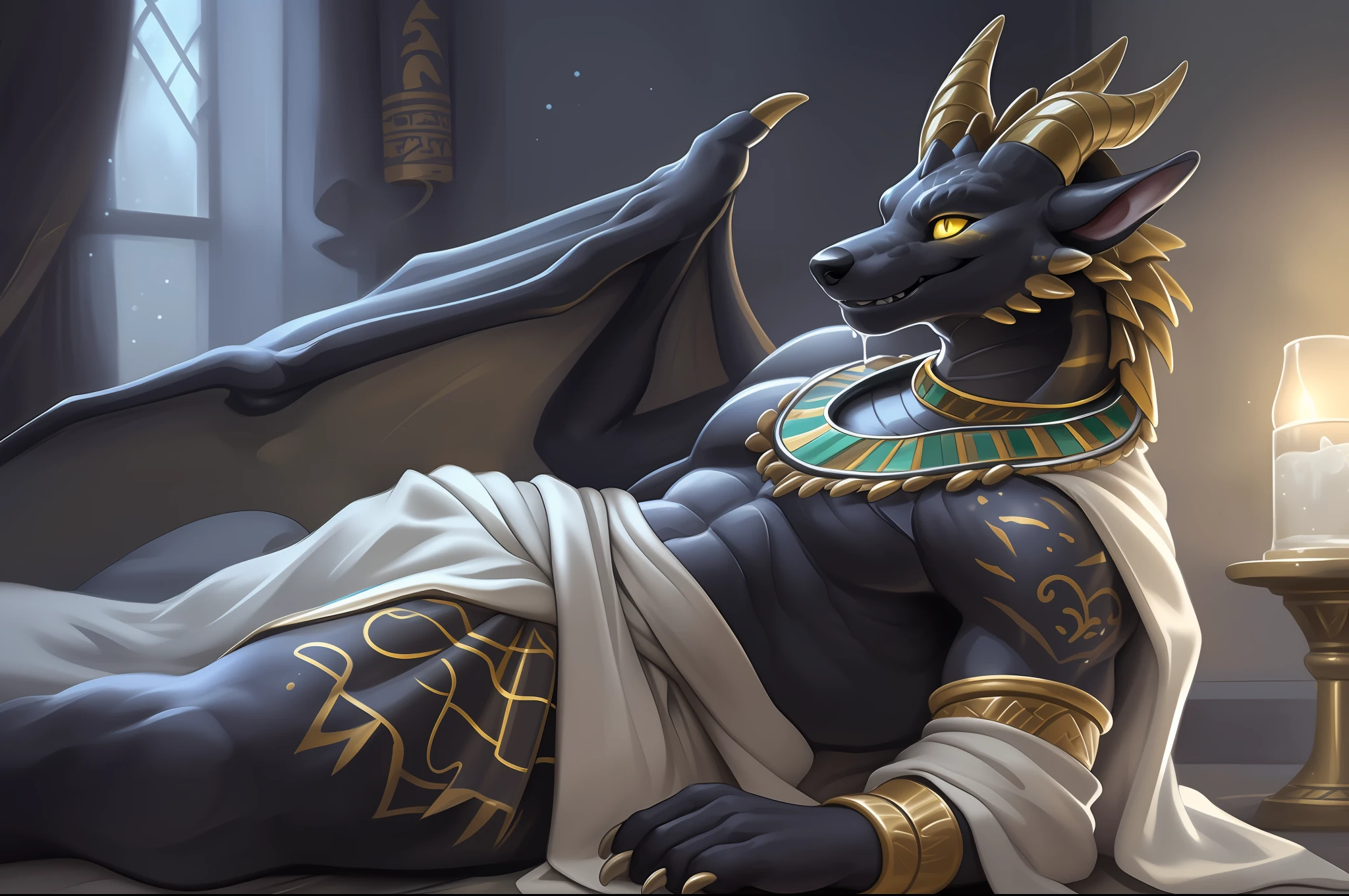 Solo, Male, (Muscular), sacrifices, (male anthro wolf):1.3, Pure black body, (Kamimei):1.3, (komono:1.4) (DOA):1.23, (,Wear a white bathrobe), Detailed eyes, lizard tail,A pair of dragon horns, A pair of dragon wings,((three-quarter portrait)), (Detailed eyes, Yellow eyes are always red, Black skin,Yellow stripes,Sharp claws,Cute beast claws,drools,Fluid spills from the lower body,Milk spilled all over the floor,Egyptian costumes,Egyptian totem,Abinus,glowing light eyes):1.1, (inside in room:1.35), In the bedroom,Lie down in bed,Dimly lit,Be licked, Be red in the face,Collar,submit to,drunk,enjoying,looking to the camera,having fun(Particle,glowworm,blue glowing):1.3,detailedbackground,realisticlying,realistic hand,8k hdr,(Wide dynamic range,hdr,high light:1.2),author(pino daeni,(author:by ruaidri),author:virtyalfobo)