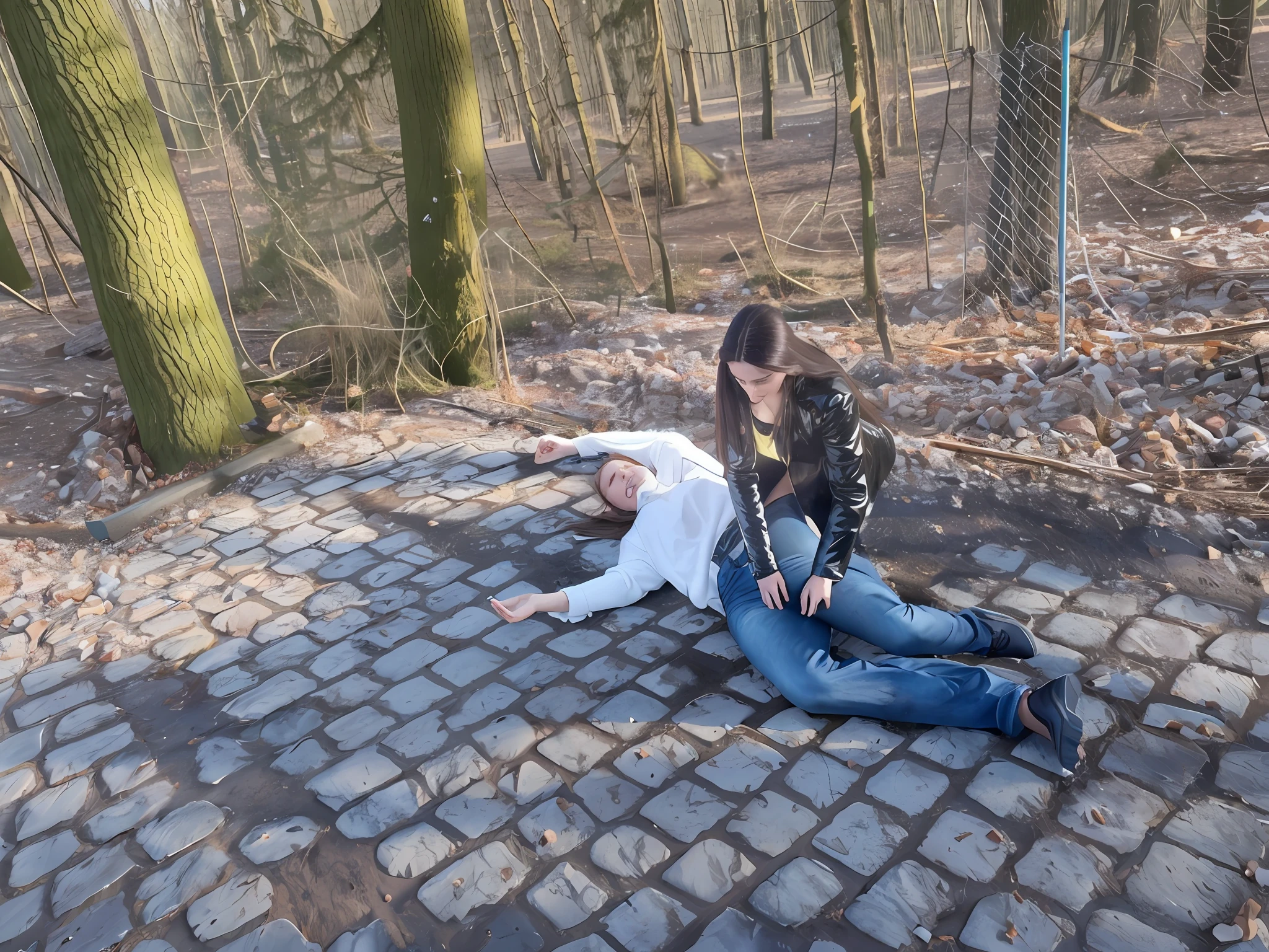 A long-haired girl in a high-gloss coat kneels on the floor near a lying male accident victim, A long-haired girl in a high-gloss, lackierten Daunenmantel und Wetlook-Lederleggings, A long-haired girl in a high-gloss, lackierten Mantel behandelt einen verwundeten Mann in Jeans und Wollpullover, Unfallstelle, Unfall, Erste Hilfe, help to a wounded man, First aid for an injured man in matte cotton clothes, Ein verletzter Mann in Jeans und Pullover liegt mit Schmerzen auf dem Boden, A long-haired girl in a high-gloss, lackierten Mantel massiert einen verletzten Mann, der unter Schmerzen auf dem Boden liegt, A long-haired girl in a high-gloss, lacquered coat wears very shiny waterproof clothing, Dramatische Actionszene, hyperrealistisch, fotorealistisch, Foto, ultra realistisch, theatralische Mitleidspose, Feier der Ersten Hilfe, A long-haired girl in a high-gloss lacquered coat looks very worried and sad, A long-haired girl in a high-gloss coat has tears in her eyes, when she cares for an injured man, der in Jeans und Pullover am Boden liegt