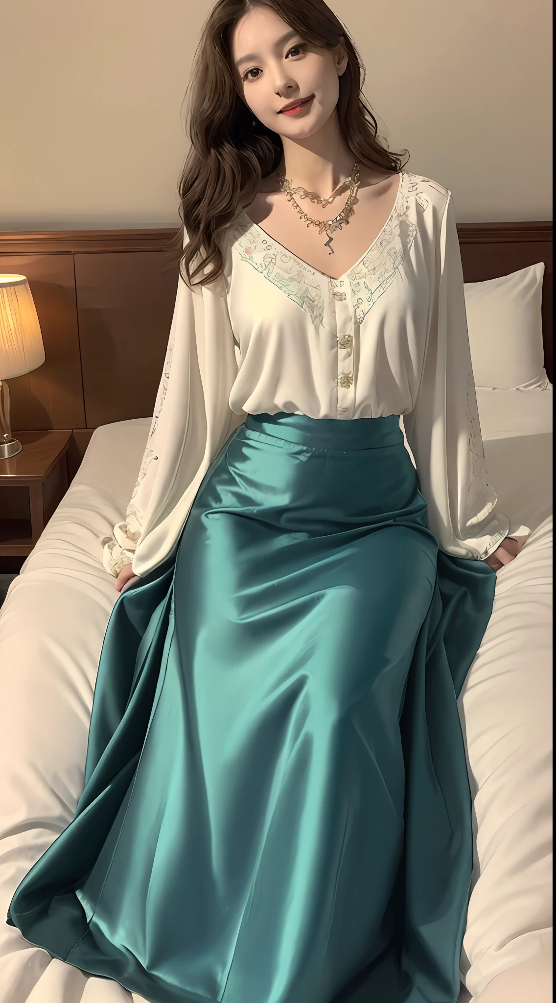 ((top-quality、8K、​masterpiece:1.3))、((1womanl))、((独奏))、((japanese mature))、((slim figure))、((Luxurious and detailed hotel rooms))、((Luxurious and detailed beds))、((Lying in bed))、((beautifully detailed hair))、((Beautiful and ultra-detailed face))、((kindly smile))、((Detailed blouse))、((Detailed necklace))、((Detailed long skirt))、((Flip up the hem of your long skirt to show your thighs))、((Beautiful and detailed thighs))、((Beautiful and detailed legs))