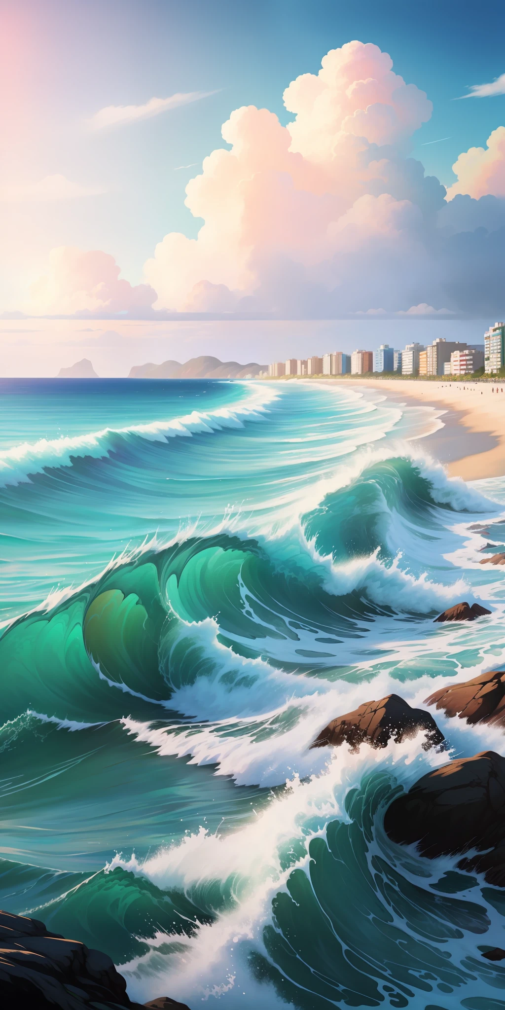 Summer seaside, sunny weather, clear awesome cloudy sky, awesome detailed water, colorful, happy and happy summer vacation, volumetric grass, simple picture,  brilliant sunshine, distant waves, realistic, photorealistic, illustration, color palette of style alena aenami