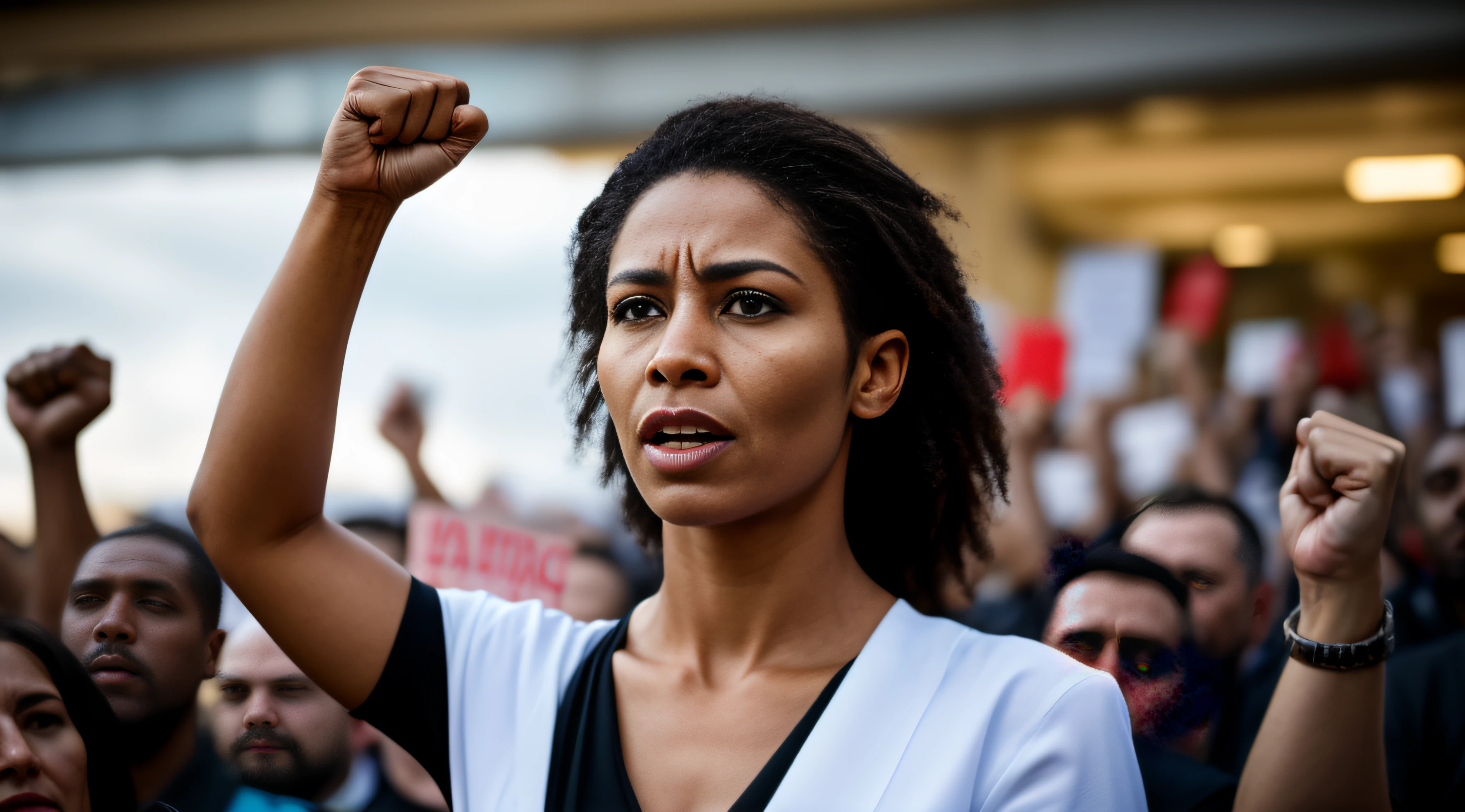 «»A photorealistic image of a strong and determined woman,«» with one hand raised in a fist, a powerful symbol of resistance and struggle. The woman's facial expression conveys determination and resolve, reflecting her commitment to fight for her beliefs and rights. The raised fist signifies her strength and solidarity with the cause she supports. The image captures the intensity of the moment, with the woman's hand held high in a symbol of empowerment and unity. The background can be a mix of empowering imagery or a protest scene, highlighting her role as an advocate for justice and change. The lighting should be impactful, emphasizing the woman's features and the strength of her gesture. The resolution is set at a professional 8K level, ensuring meticulous attention to detail in the woman's expression and the raised fist. The final image should be a powerful and realistic portrayal of the woman's determination, inspiring viewers to join in the struggle for a better and more just world.