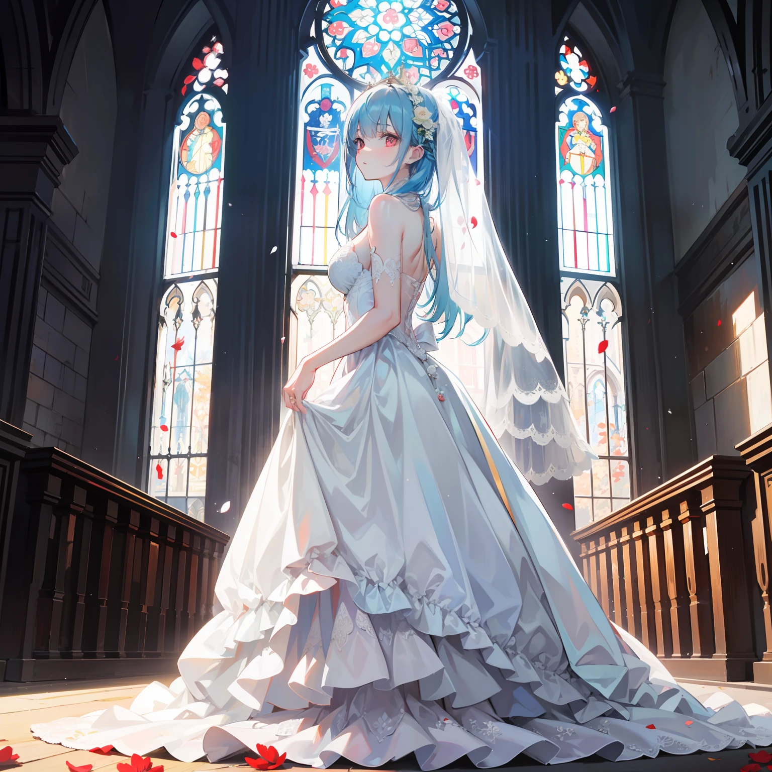 artistic photograph, Real light and shadow on a sunny day,autumnal,church,((Wedding Dress)),1 beautiful girl,The upper part of the body,Lateral face,(((Long light blue hair))),Red eyes,(long hair),(Red petal),