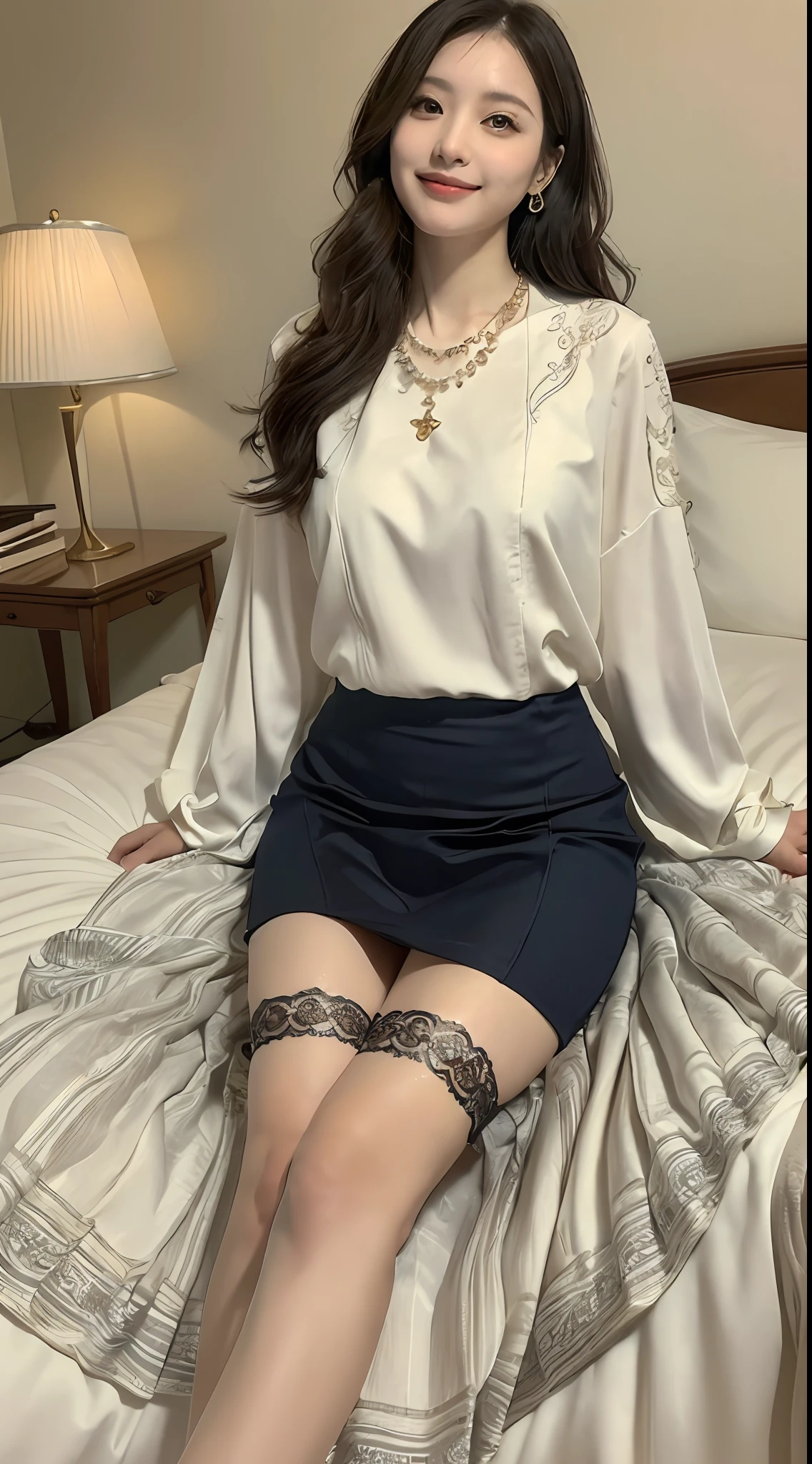 ((top-quality、8K、masterpiece:1.3))、((1womanl))、((独奏))、((japanese mature))、((slim figure))、((Luxurious and detailed hotel rooms))、((Luxurious and detailed beds))、((Lying in bed))、((beautifully detailed hair))、((Beautiful and ultra-detailed face))、((kindly smile))、((Detailed blouse))、((Detailed necklace))、((Detailed long skirt))、((Flip up the hem of your long skirt to show your thighs))、((Beautiful and detailed thighs))、((Beautiful and detailed legs))