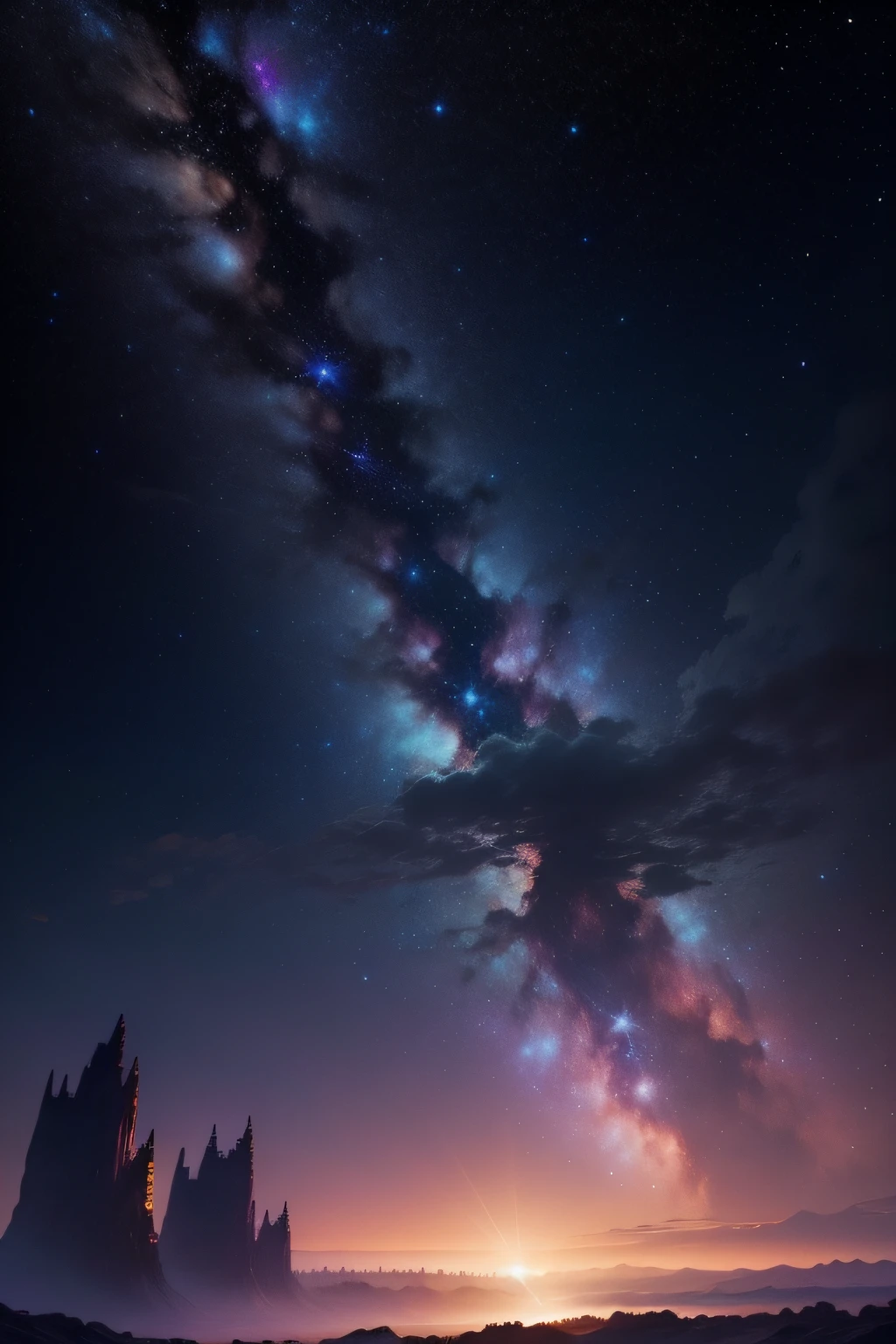 The night sky shines with stars,The galaxy blooms with a strange light。On this mysterious planet,The cosmic elves jump happily,Interweave a brilliant waltz。Please create a magnificent picture for me,Presenting the stunning scenery and intoxicating atmosphere of the planet。