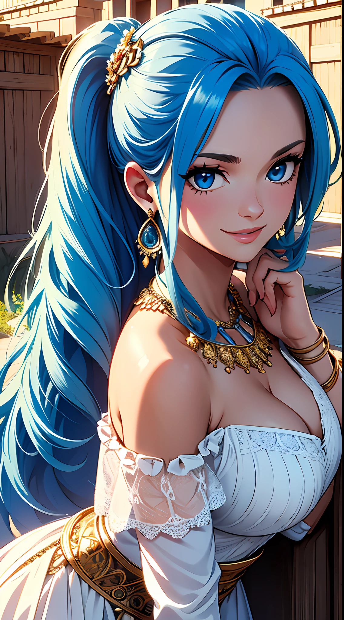 Masterpiece, ((Ultra detailed backgrounds, Delicate pattern, intricately details)), (Highly detailed, Fine details), Best quality, 1girll, Long hair, cleavage，Large breasts，Off-the-shoulder attire，Blue hair, Solo, jewelry, Earrings, pony tails, hair adornments, necklace, sky, Blue eyes, complex detailed background, outside, Sunny, desert town environment,  hair lift, with hands behind her back, Smile,sexyposture