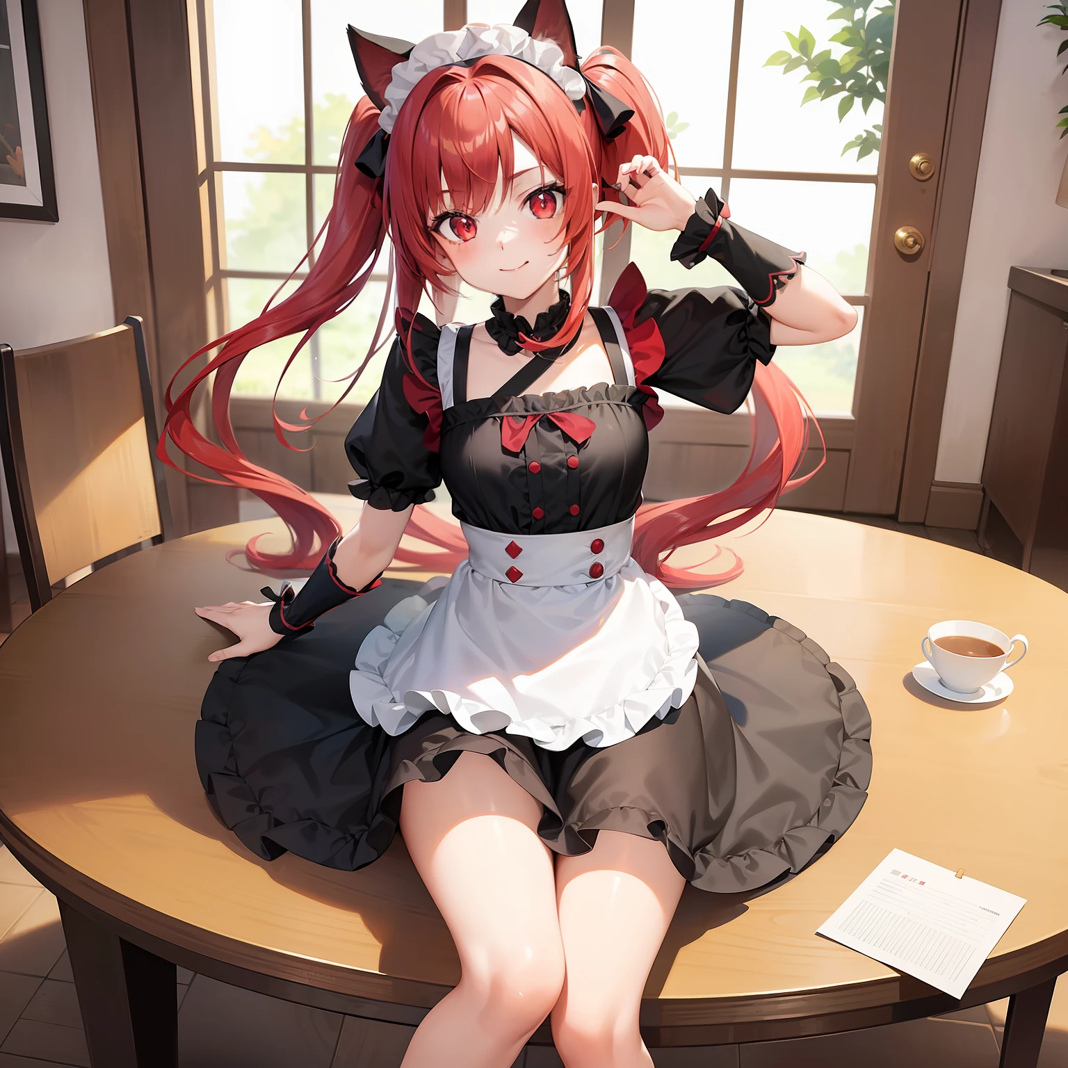 Anime filling,Two-dimensional illustration,Red hair,Half Twin Tail,shorth hair,Big eyes,A smile,a beauty girl,cute little,Super Cute,Black cat ears,Red Eyes,maid clothes,Inner colorGreen,One girl,Full body painting,A masterpiece of 2D art,(masterpiece,Top image quality:1.3),(detaile:1.2),(1人)