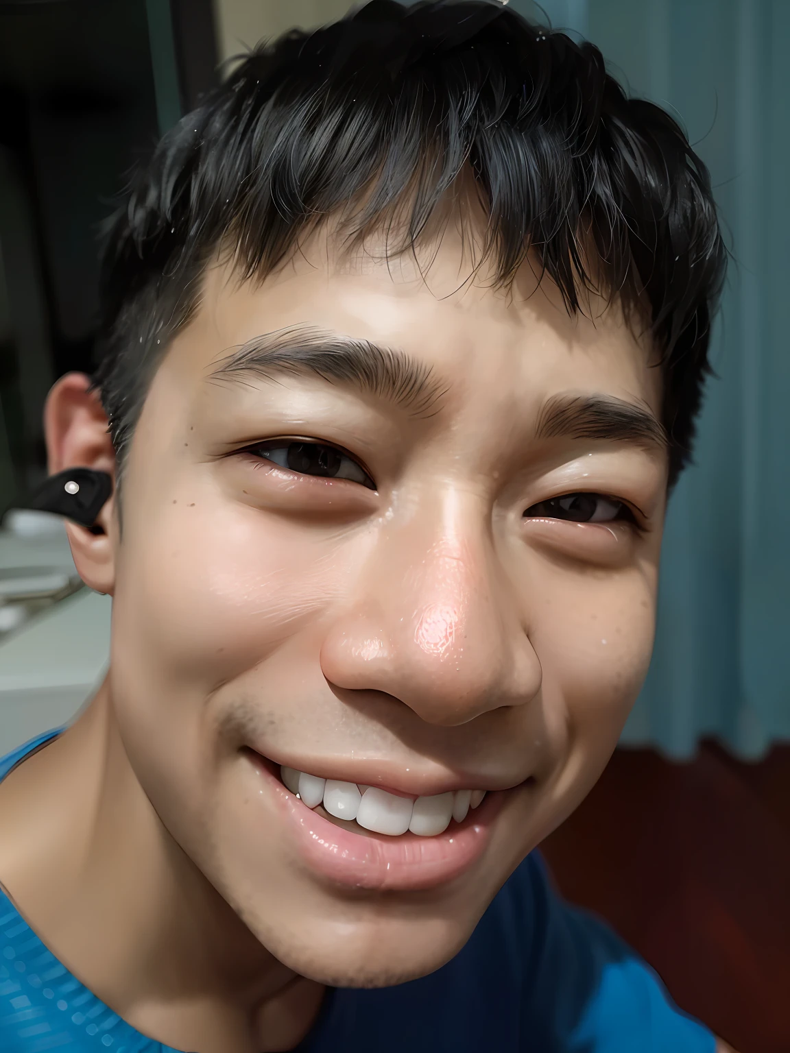Smiling young man with short black hair and blue shirt, happily smiling at the camera, face bright, 8k selfie photograph, winking at the camera, with wide-angle lenses, detailed face of a asian boy, taken with sony alpha 9, closeup of face, clean shaven face, captured with sony a3 camera, smileing nright