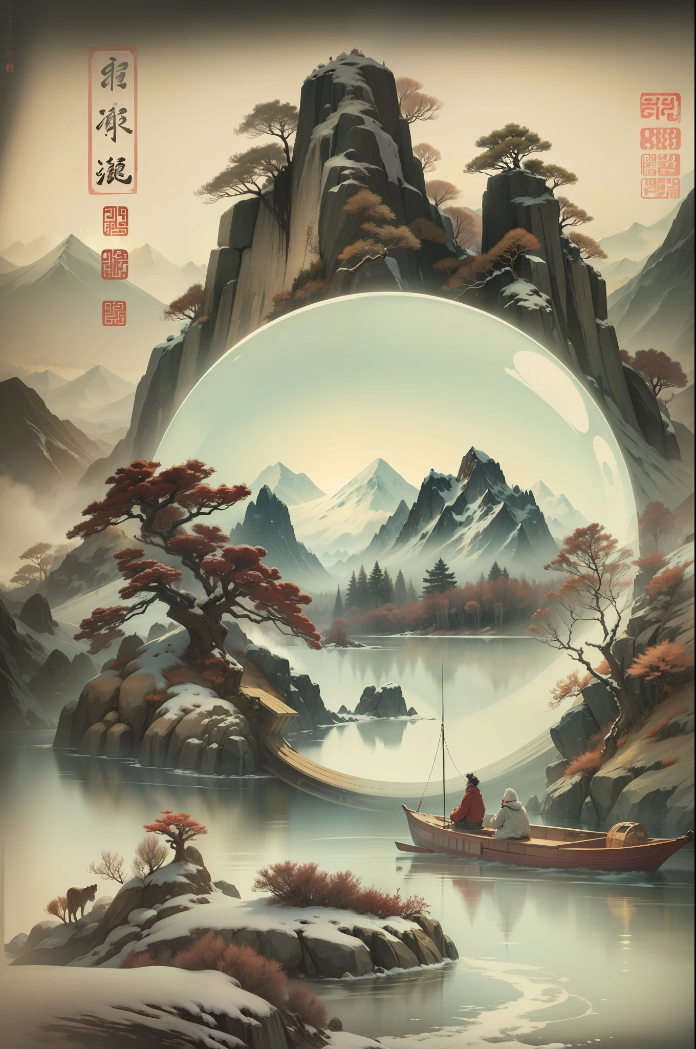 （A crystal ball holds the landscape：1.4）,Traditional Chinese style，Winters，nevando，Oyuki，In the distance, The mountains on all sides are covered with thick snow，On an empty and wide irregular circular lake, On a lonely ship,boat， An old man in a robe sits fishing，Ultra-wide lens，Ultra vision，Empty River，Ethereal breath，Beautiful artistic conception，Ancient Chinese poetry