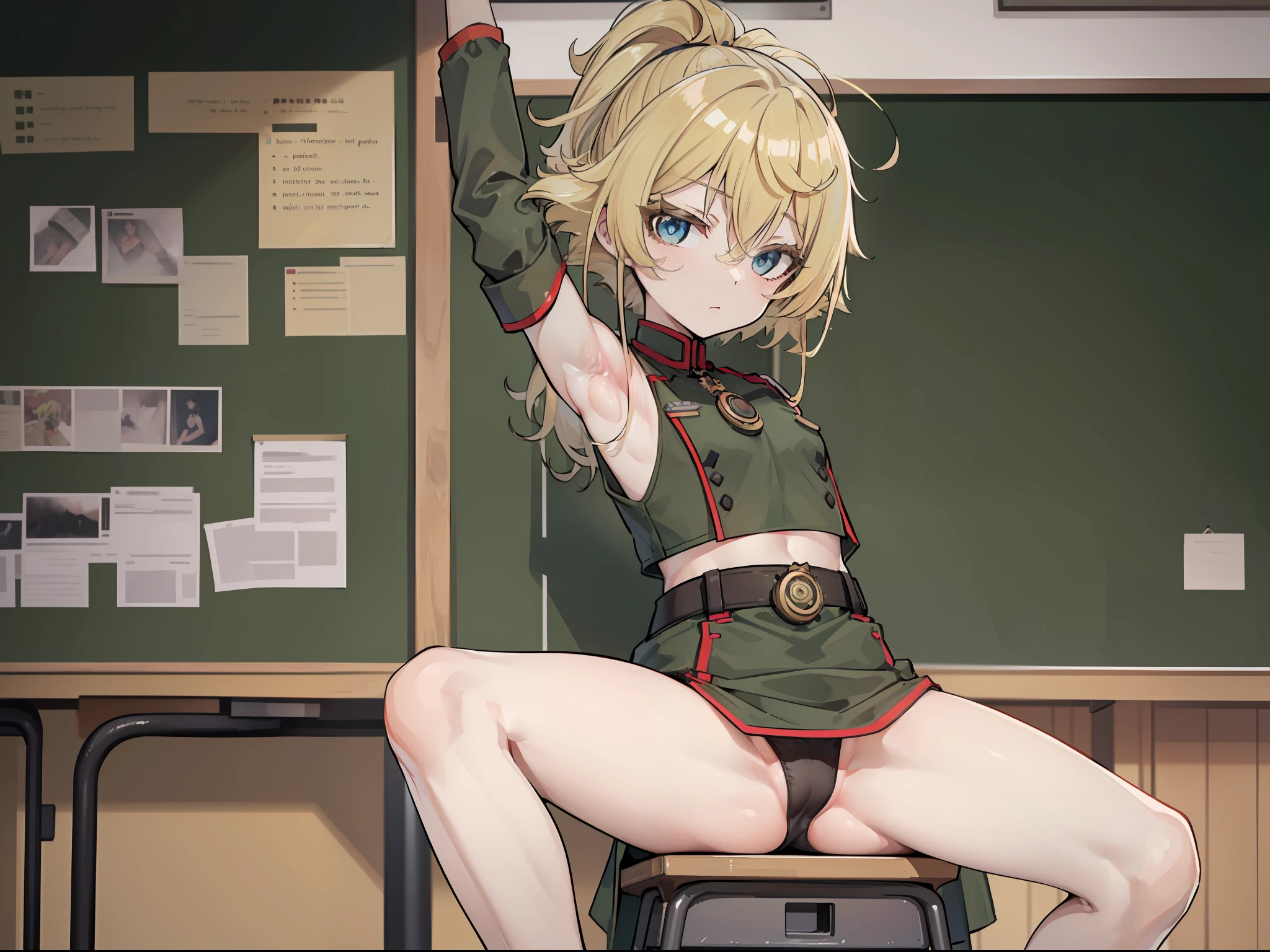 ((tanya von degurechaff, armpit, croptop, no pants, Military uniform, in the classroom)), clean skin, masterpiece, 4k, best quality, high quality.