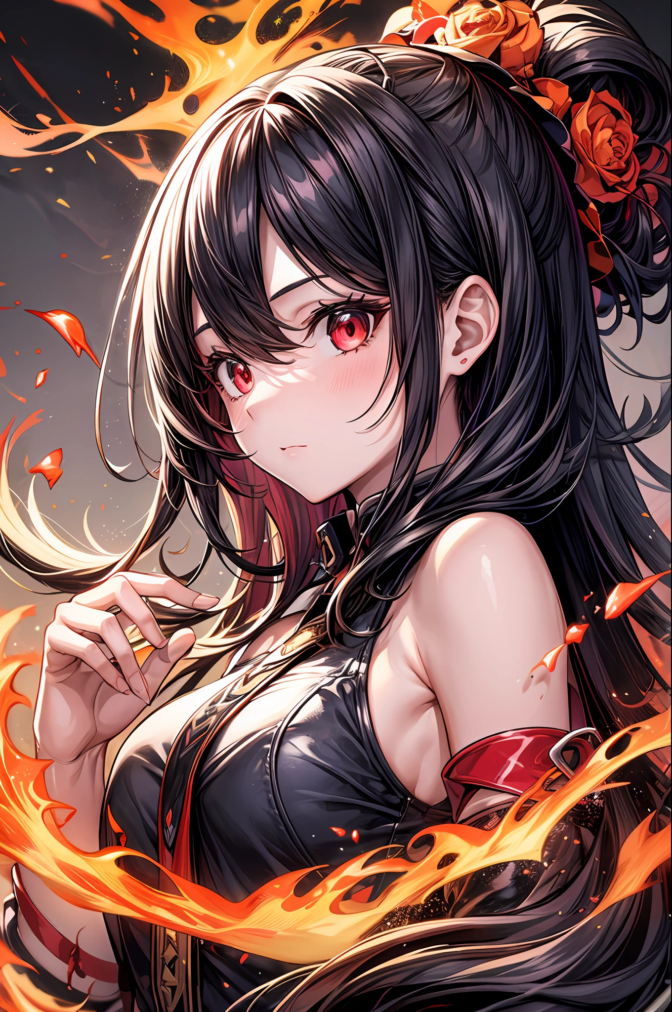 1girl, black hair, red eyes, fire witch, blood, light particles, light rays, wallpaper, high contrast, colorful