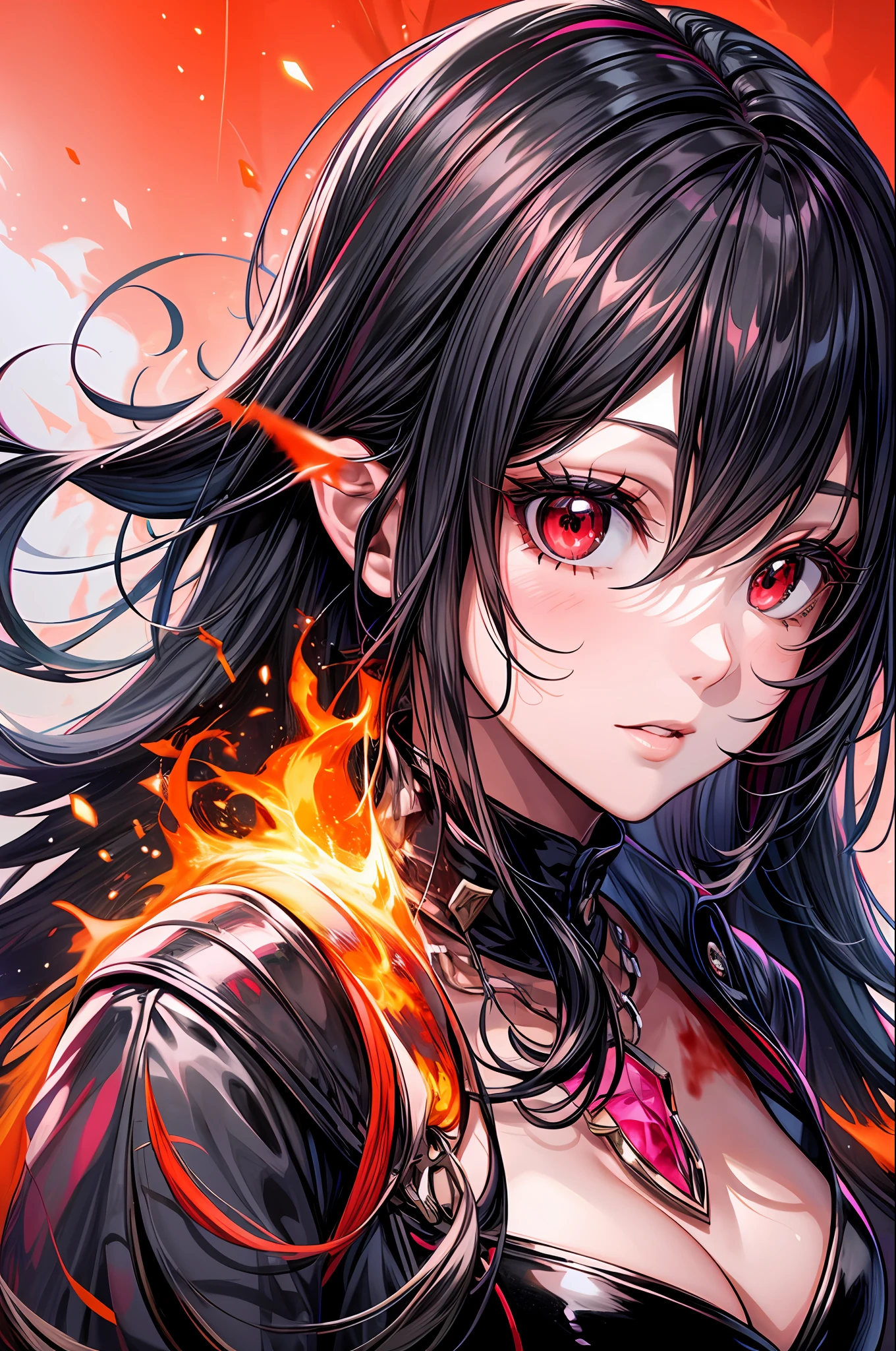 1girl, black hair, red eyes, fire witch, blood, light particles, light rays, wallpaper, high contrast, colorful
