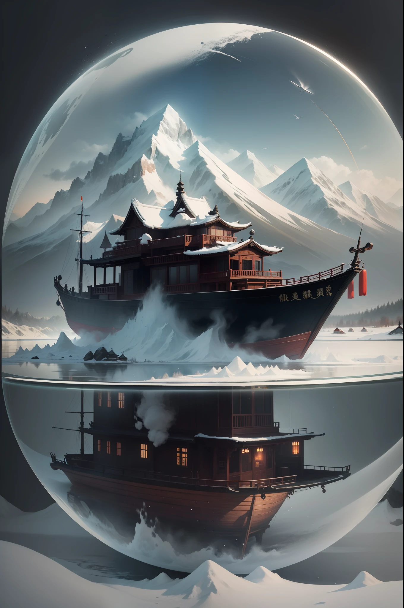 (A crystal ball holds the landscape:1.4),Traditional Chinese style,Black and white Chinese ink painting,water ink,ink,Smudge,Winters,nevando,Oyuki,In the distance, The mountains on all sides are covered with thick snow,On an empty and wide irregular circular lake, On a lonely ship,boat, An old man in a robe sits fishing,Ultra-wide lens,Ultra vision,Empty River,Ethereal breath,Beautiful artistic conception,Ancient Chinese poetry