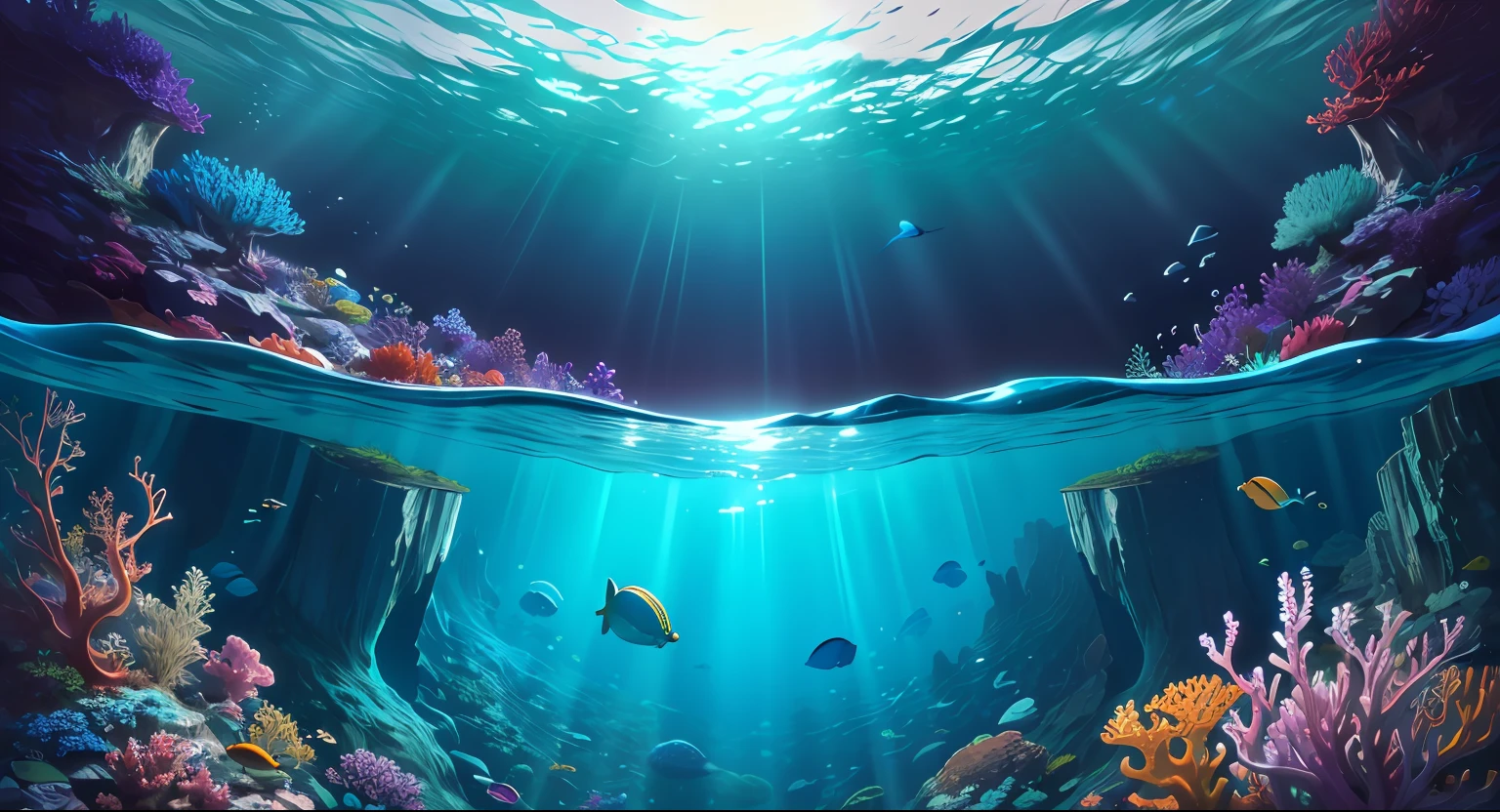 (masterpiece, best quality:1.2), (no humans, cliff, underwater, perspective, from below:1.5), 8k, raw photo, absurdres, beautiful coral reef, rocks, many very small fishs, colorful tropical fishs, light leaks, depth of field, stunning scape, film grain, chromatic aberration, dynamic lighting, dramatic lighting, HDR, photorealistic, film grain, chromatic aberration, highres, ultra detailed, finely detail, extremely detailed, shadow, sharp focus