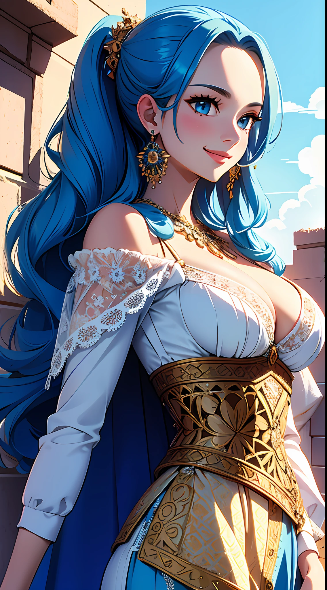 Masterpiece, ((Ultra detailed backgrounds, Delicate pattern, intricately details)), (Highly detailed, Fine details), Best quality, 1girll, Long hair, cleavage，Large breasts，Off-the-shoulder attire，Blue hair, Solo, jewelry, Earrings, pony tails, hair adornments, necklace, sky, Blue eyes, complex detailed background, outside, Sunny, desert town environment,  hair lift, with hands behind her back, Smile,sexyposture