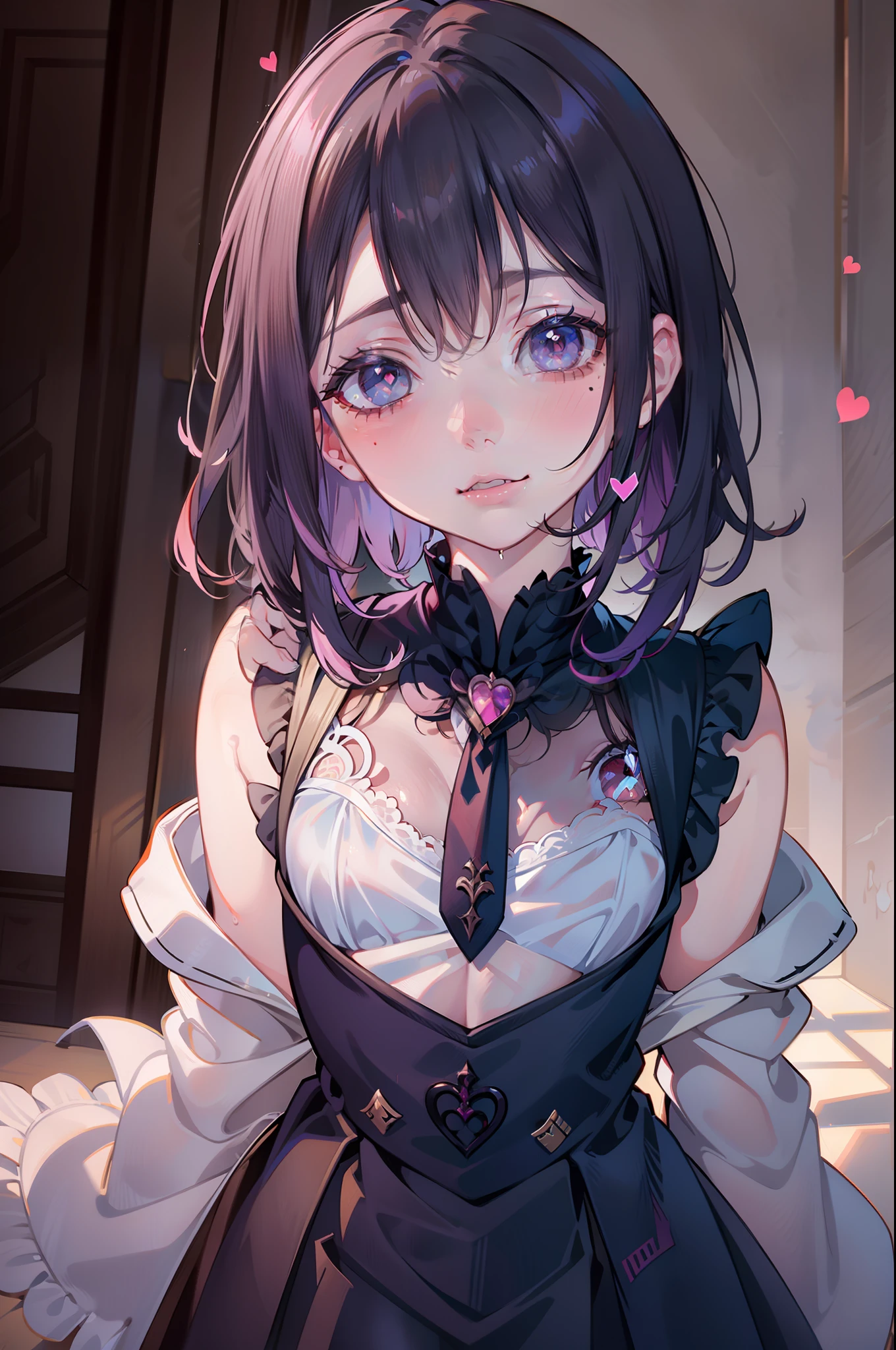 wince, long eyelasher, Light smile, Ear blush, Fang, Gradient hair, twin drills, Moles under eyes, Heart-shaped pupils, surrealism, shadowing, anaglyph, stereograms, tachi-e, angle of view, Atmospheric perspective, Chiaroscuro, Gothic art, 8K, Super detail, ccurate, Best quality, A high resolution