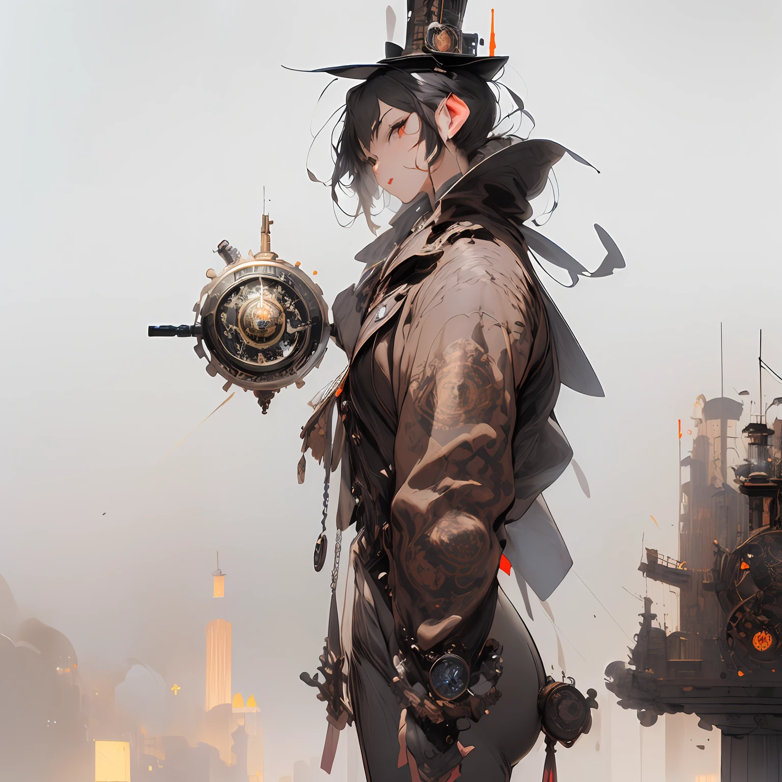 masterpiece, (((best quality))), ((highres)), [(white background:1.5)::5],  ray tracing, bokeh, (steampunk:1.5), neon, polluted sky, (gothic building), (((giant compass right behind the character))), 1girl, (((solo))), from side,  (((looking at viewer))), hiten1,