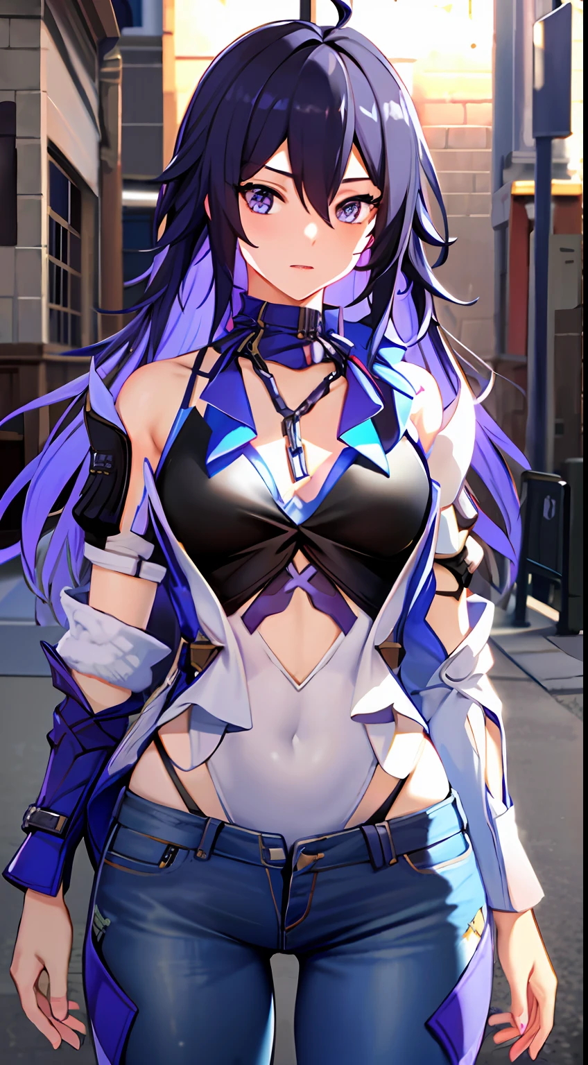 （（middlebreast，teens girl，small heads）），nigth，thunderstorm，（Well-defined abs：1.1），（perfect bodies：1.1），（longwavy hair：1.2），Blue-purple hair，collars，chain，Full body photo，crowding street，wearing a black tank top，jean jacket，（（shorter pants）），（极其细致的CG 8k壁纸），（Extremely refined and beautiful），（tmasterpiece），（best qualtiy：1.0），（超A high resolution：1.0），beautiful light up，perfect lightning bolt，realistic shaded，[A high resolution]，Delicate skin，ultra - detailed，blue butterflies