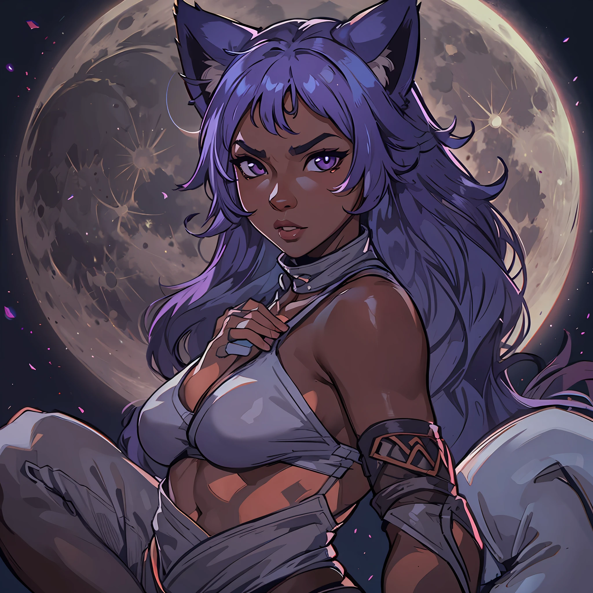 mature female, ninja, purple hair, dark skin, cat ears, small breasts, flat stomach, slim waist, large hips, thick thighs, on all fours, seductive face, dark wood background, moonlight, mesmerising full moon