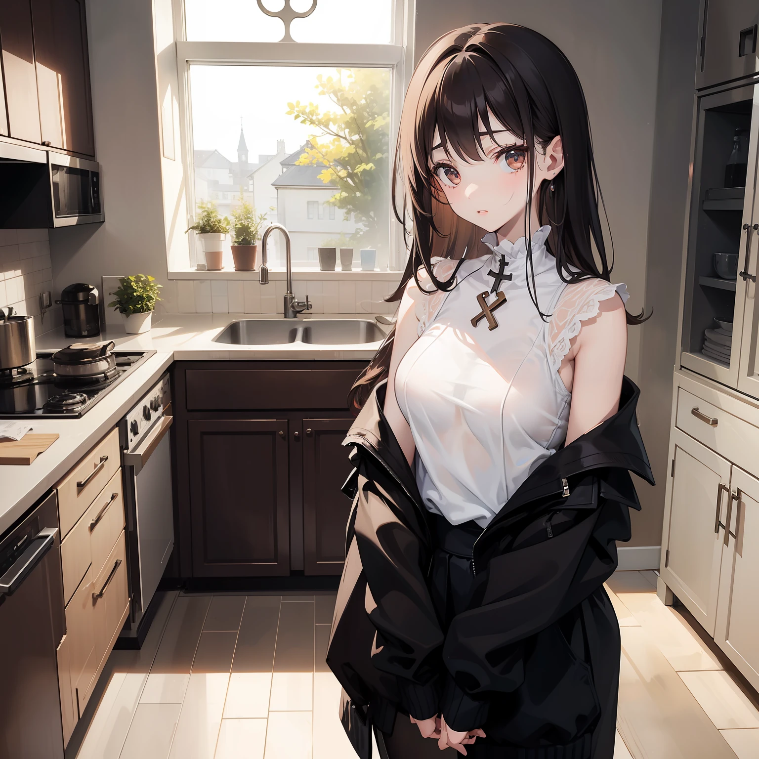 Girl, sad, standing, pale skin, brown eyes, eyebrow, nose, ear, mouth, lips, neck, shoulders, arms, Women's Sweater Microfiber and Lace Transparent Cross Strap, big chest, background scenery, in the kitchen, window, refrigerator, sink, table, floor, chairs, stove, looking at viewer