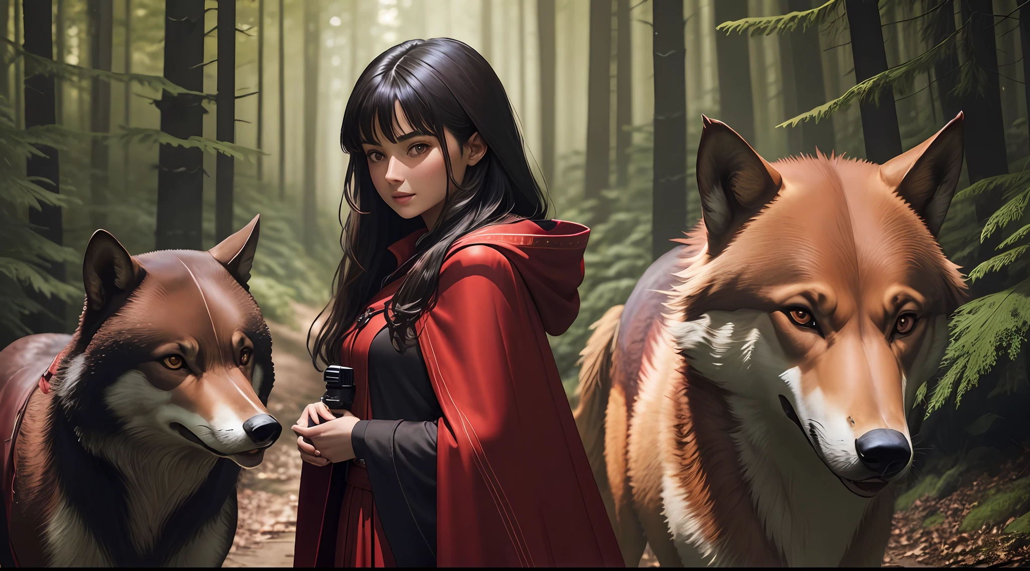 A dark-haired girl in a red cloak and a brown wolf run through the forest, Face away from the camera,8K,hyper HD,full bodyesbian,Stand far away,Stay away from the lens,SLR lens,SLR camera