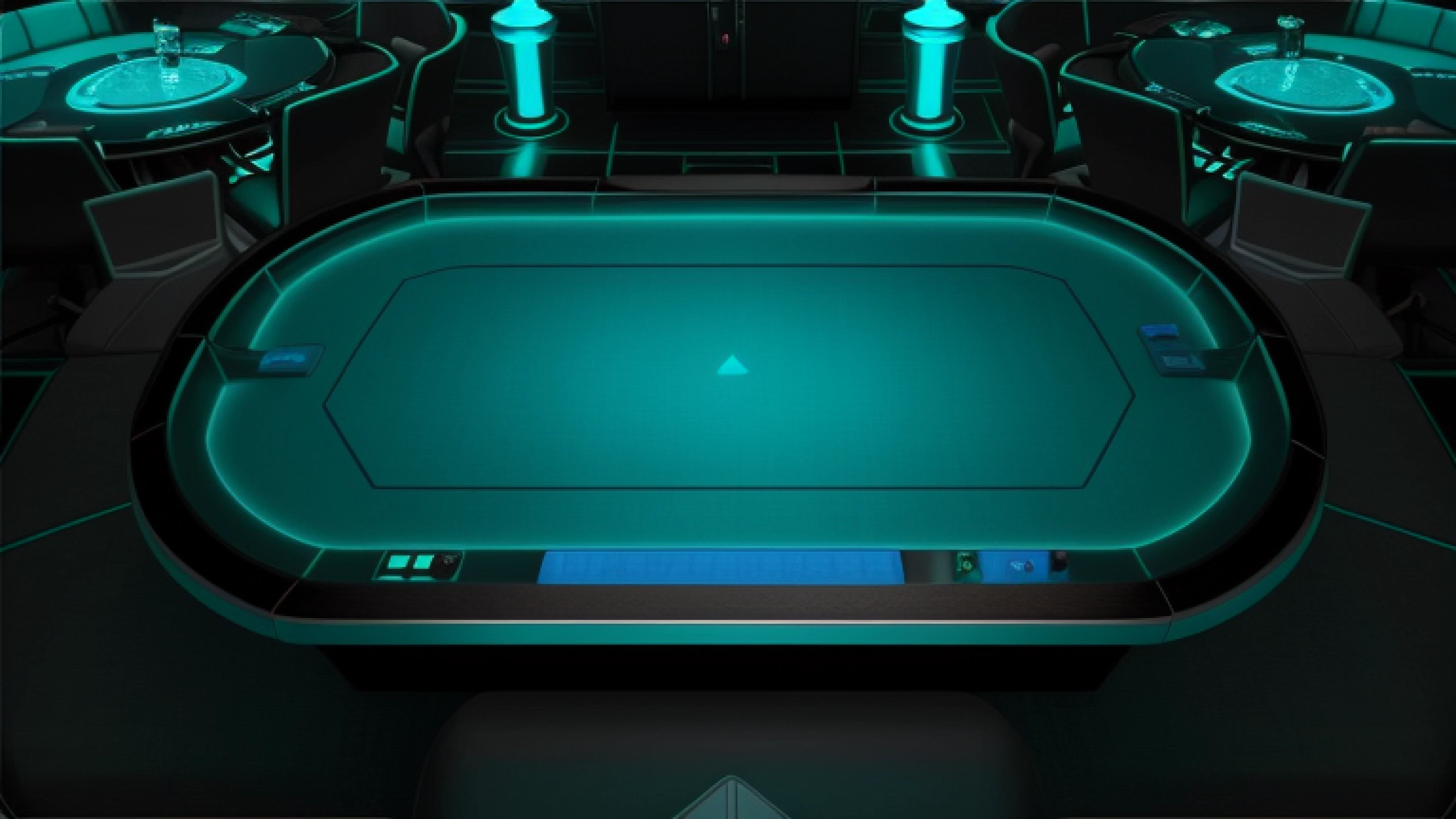 a dimly lit poker table in a casino room with chairs, futuristic casino, dark teal lighting, teal lighting, gaming table, teal lights, teal cloth, poker, black and cyan color scheme, cyan dimensional light, glowing blue interior components, 3 d product render, controller deck, rendering of checkmate, teal neon lights, turquoise