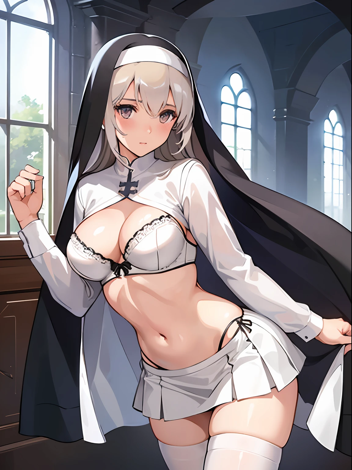 nun,large breasts,(((mature female,adult female))),25 years old,long hair,church,thong, 1girl,(skirt),white nun dress,thighhighs,happy,blush,(white bra,white panties), undressing,outdoor,wind lift skirt,groin,happy,blush,cleavage