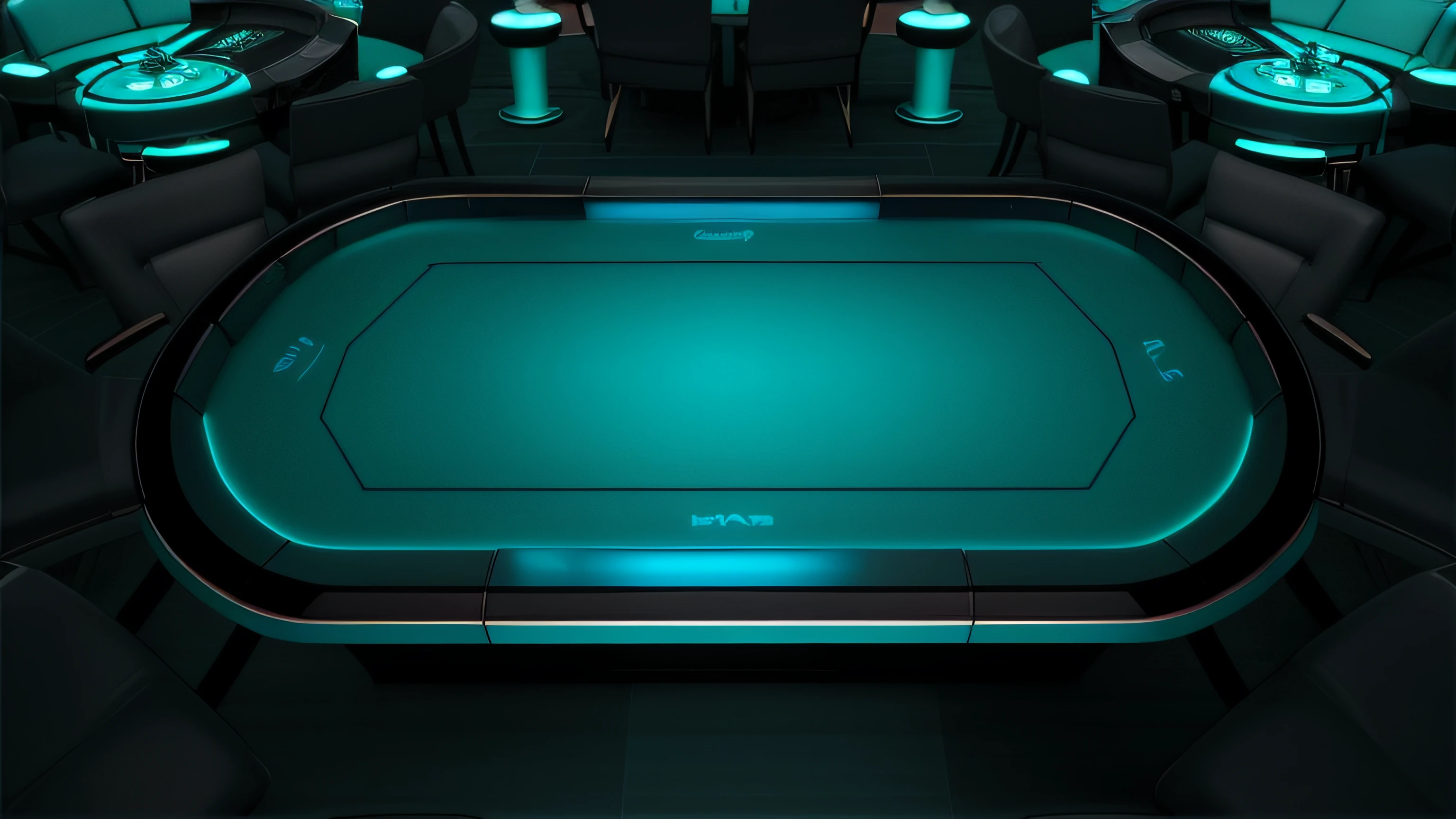 a dimly lit poker table in a casino room with chairs, futuristic casino, dark teal lighting, teal lighting, gaming table, teal lights, teal cloth, poker, black and cyan color scheme, cyan dimensional light, glowing blue interior components, 3 d product render, controller deck, rendering of checkmate, teal neon lights, turquoise