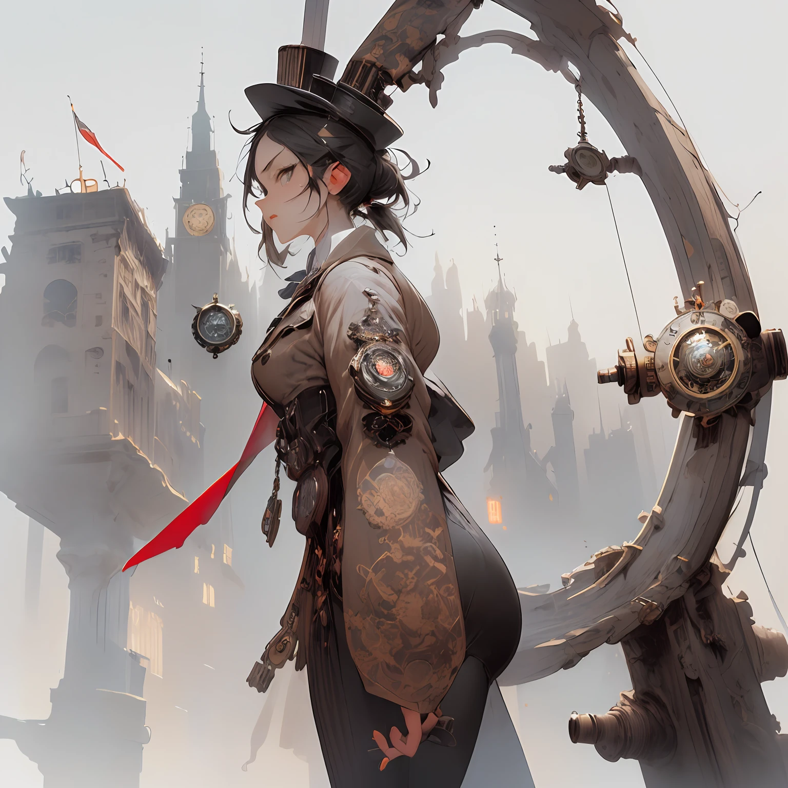 masterpiece, (((best quality))), ((highres)), [(white background:1.5)::5],  ray tracing, bokeh, (steampunk:1.5), neon, polluted sky, (gothic building), (((giant compass right behind the character))), 1girl, (((solo))), from side,  (((looking at viewer))), hiten1,