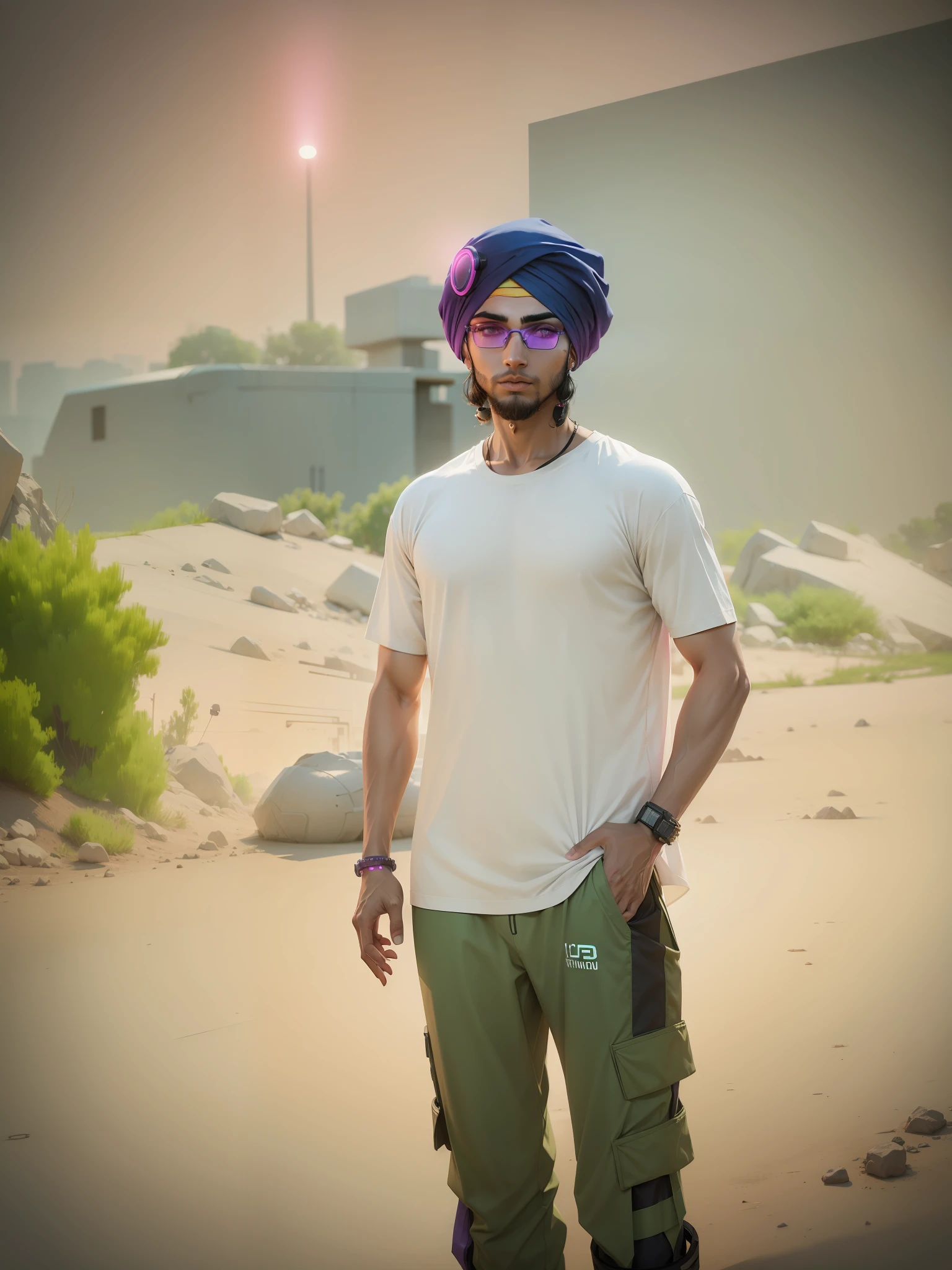 A sikh cyber punk boy wearing cyber punk eyeglasses with futuristic cyber punk background 8k high quality image pink purple neon lighting