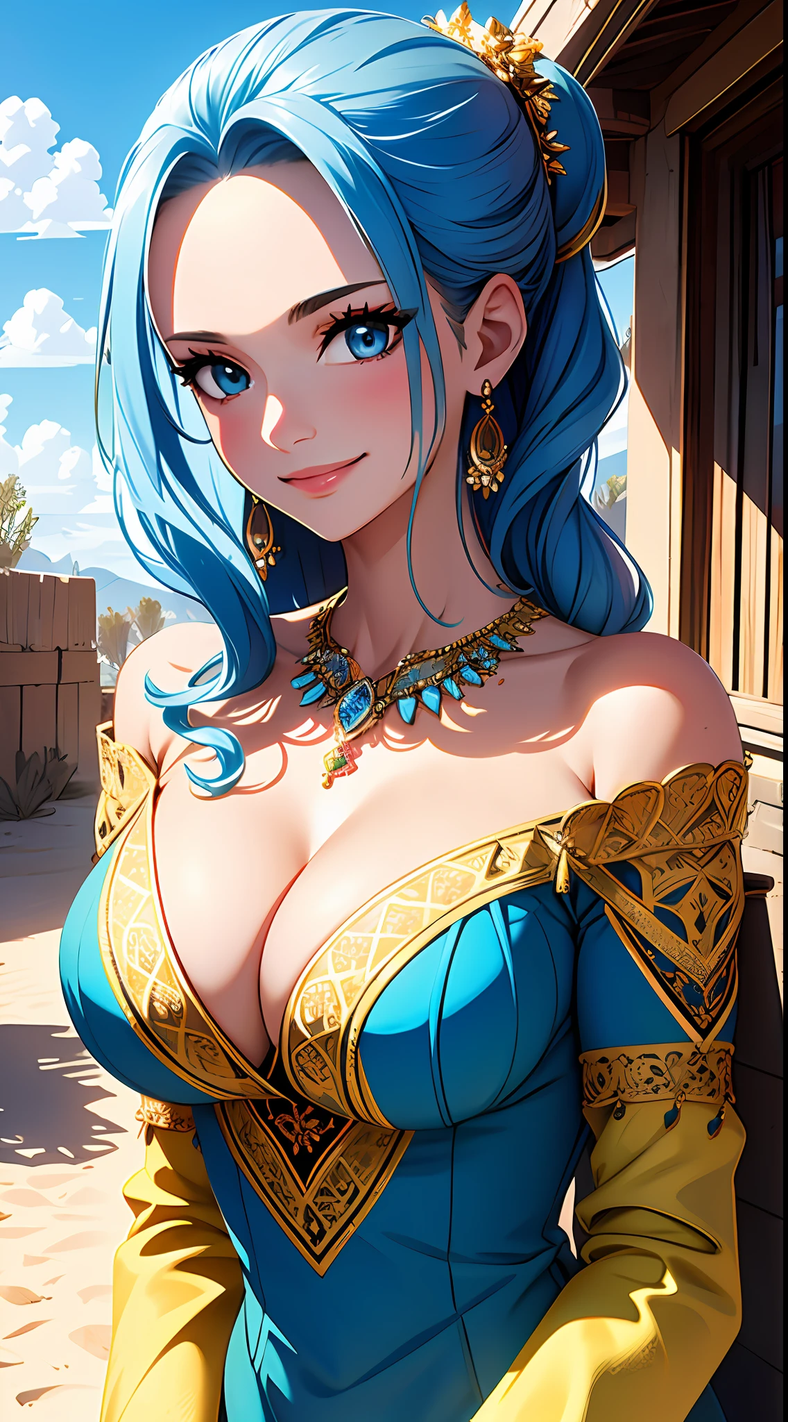 Masterpiece, ((Ultra detailed backgrounds, Delicate pattern, intricately details)), (Highly detailed, Fine details), Best quality, 1girll, Long hair, cleavage,Large breasts,Off-the-shoulder attire,Blue hair, Solo, jewelry, Earrings, pony tails, hair adornments, necklace, sky, Blue eyes, complex detailed background, outside, Sunny, desert town environment, hair lift, with hands behind her back, Smile,sexyposture