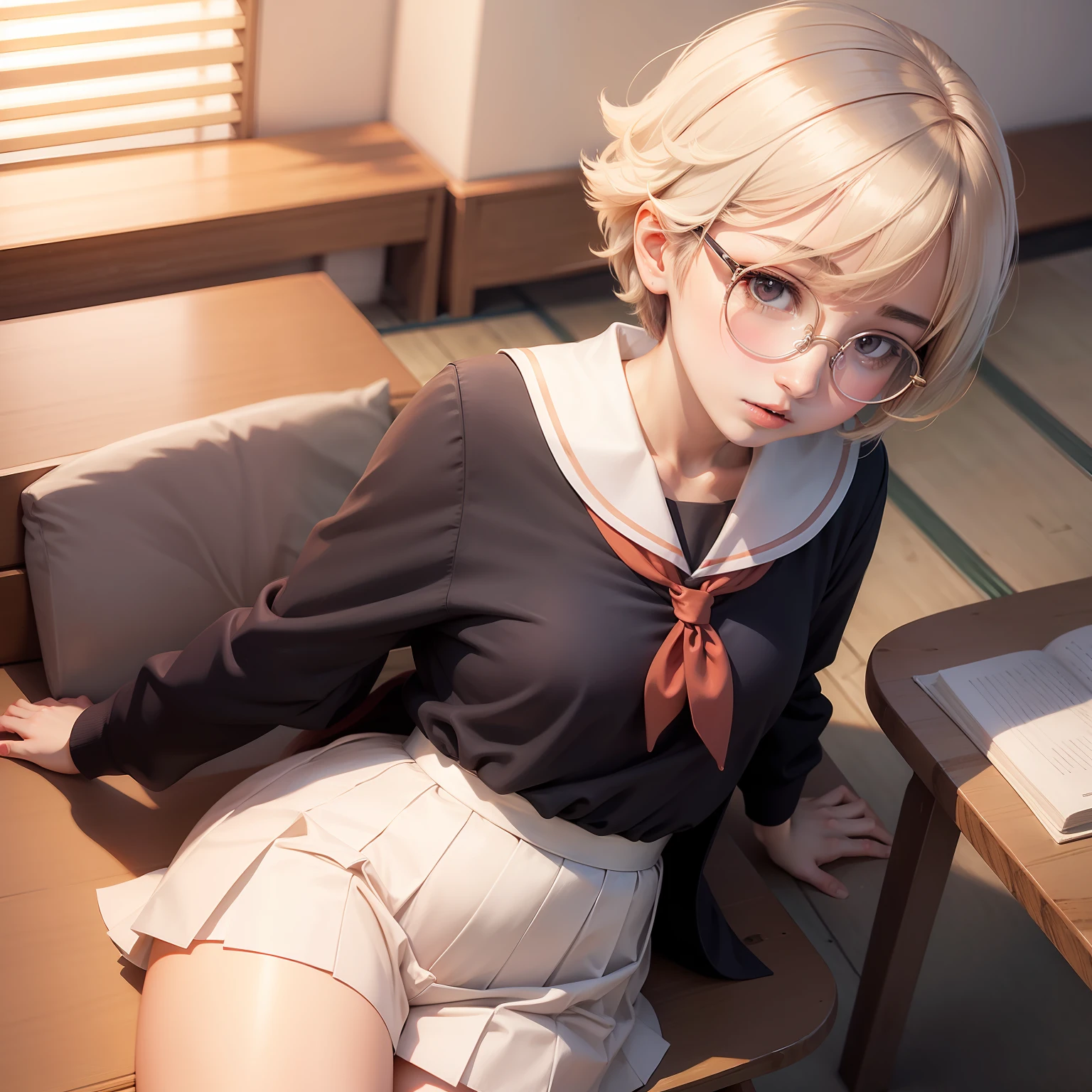 Anime, short hair, Round glasses, Japanese white school uniform,