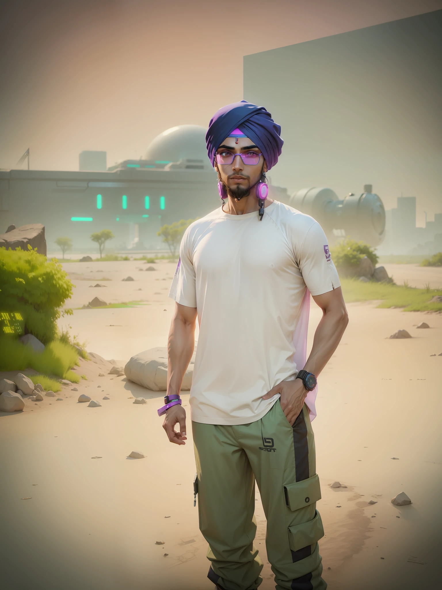 A sikh cyber punk boy wearing cyber punk eyeglasses with futuristic cyber punk background 8k high quality image pink purple neon lighting