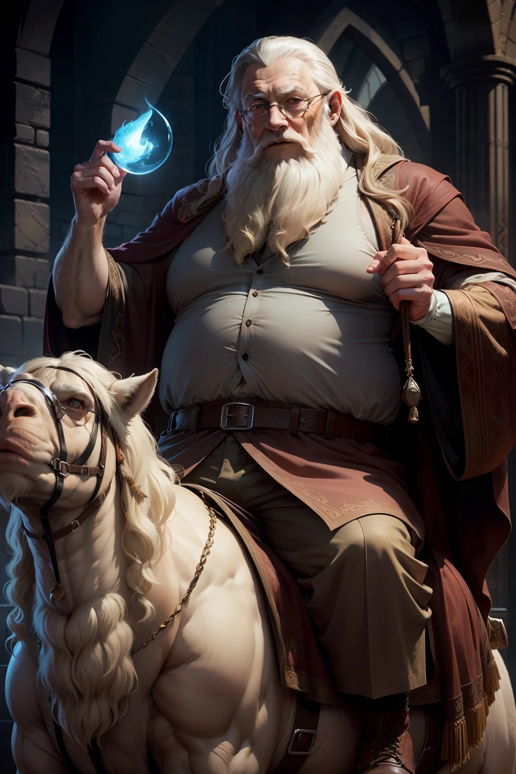 dumbledore,a old man,Big chest,wearing an outfit,muscle men, Man ,Wear half-moon glasses,Realiy,Riding a camel