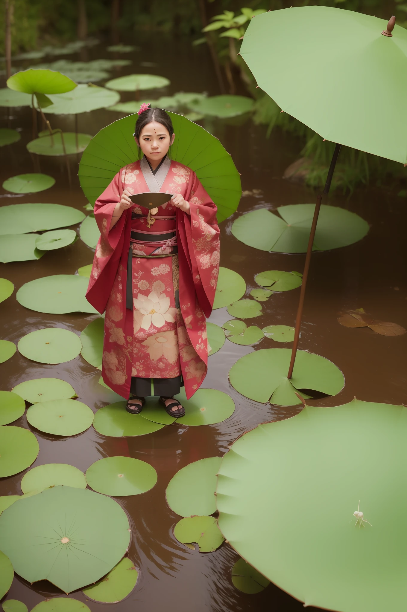 nffsw, masutepiece, ccurate, Anatomically correct, Textured skin, Super Detail, high details, High quality, Best Quality,Holding a lotus leaf umbrella、Ainu national costume、A dwarf about 20 centimeters tall in the wilderness、Landscape is the main thing、